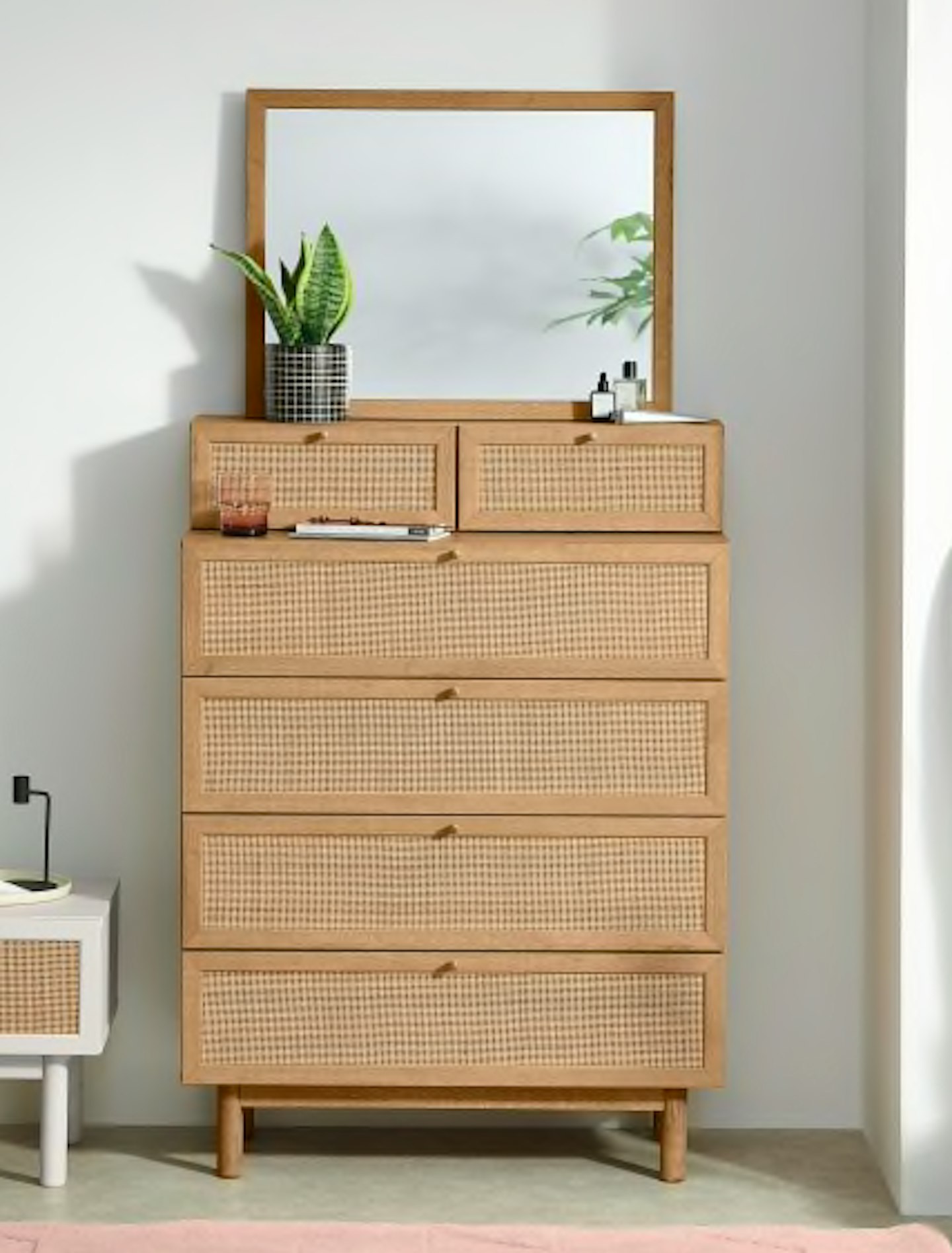 MADE, Pavia Vanity Chest of Drawers, Natural Rattan & Oak Effect, £525