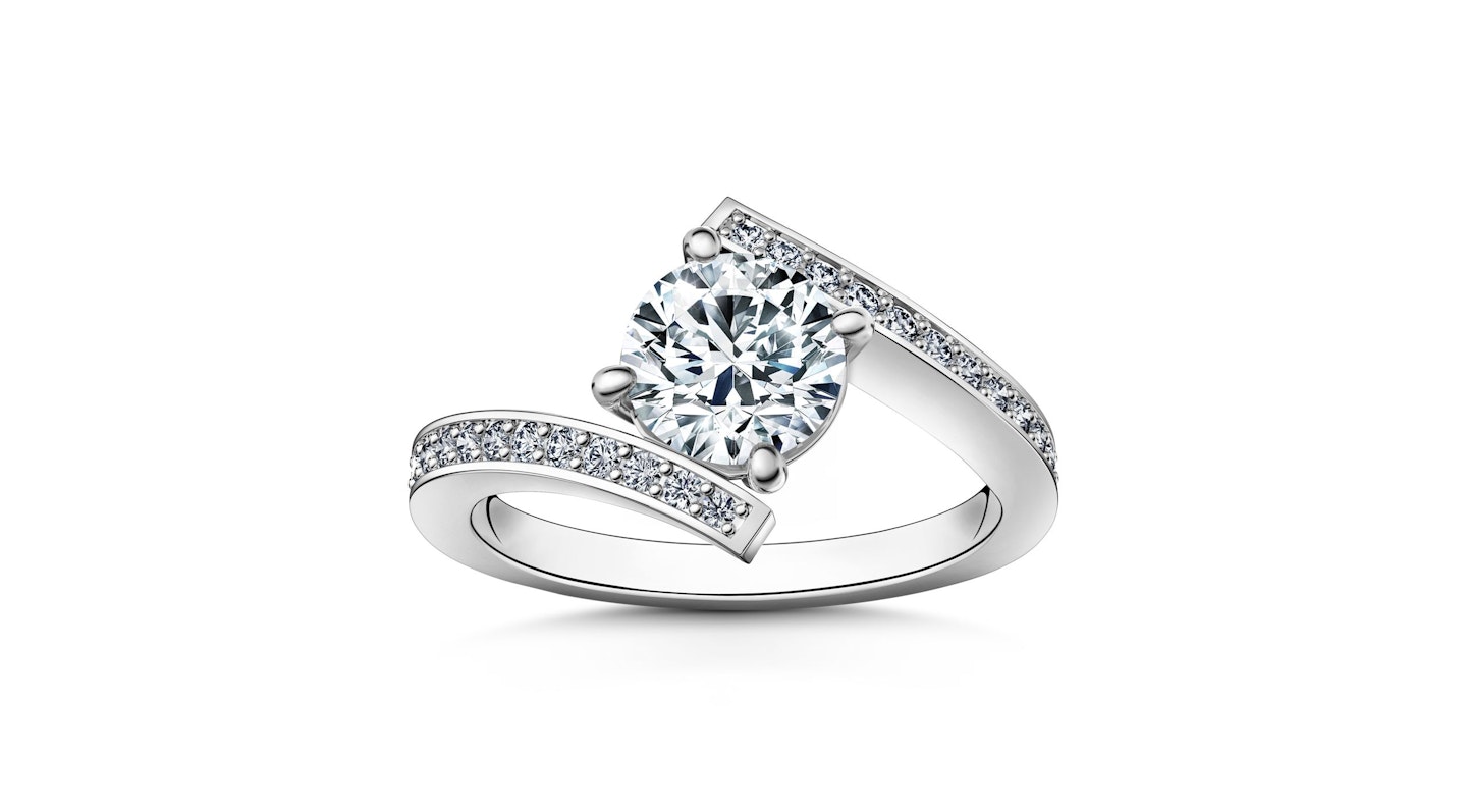 Vashi, Crossover Pave Side Stone Engagement Ring