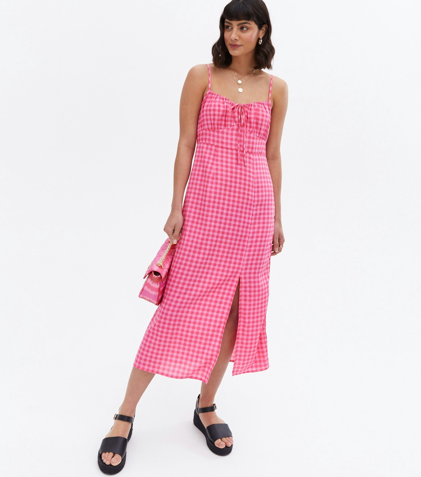 lunchtime shop Monday - New Look, Pink Gingham Split Hem Bustier Midi Dress, £23.99