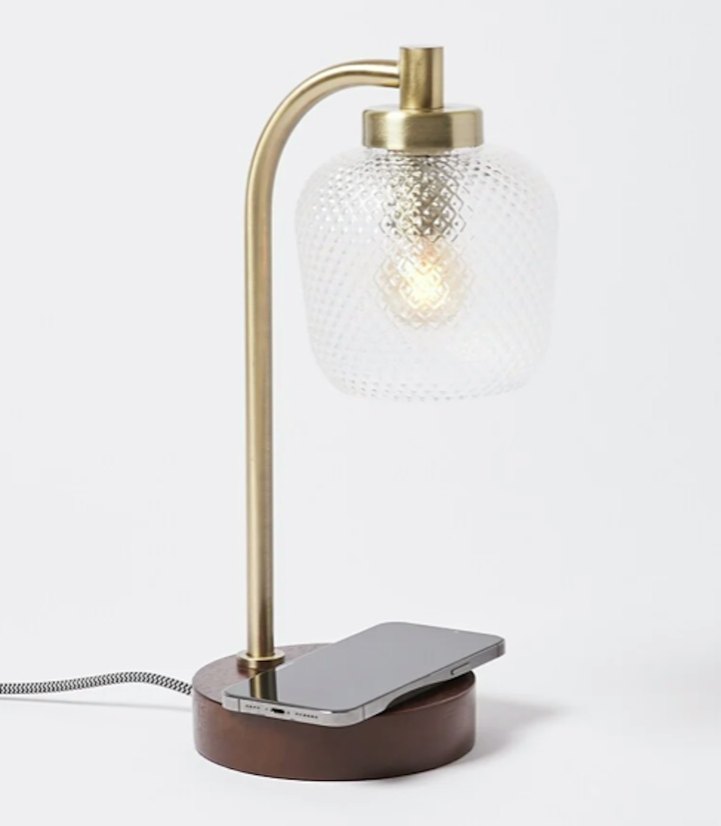 Oliver Bonas, Luce Gold Glass & Wood Wireless Charging Desk & Table Lamp, WAS £115 NOW £78