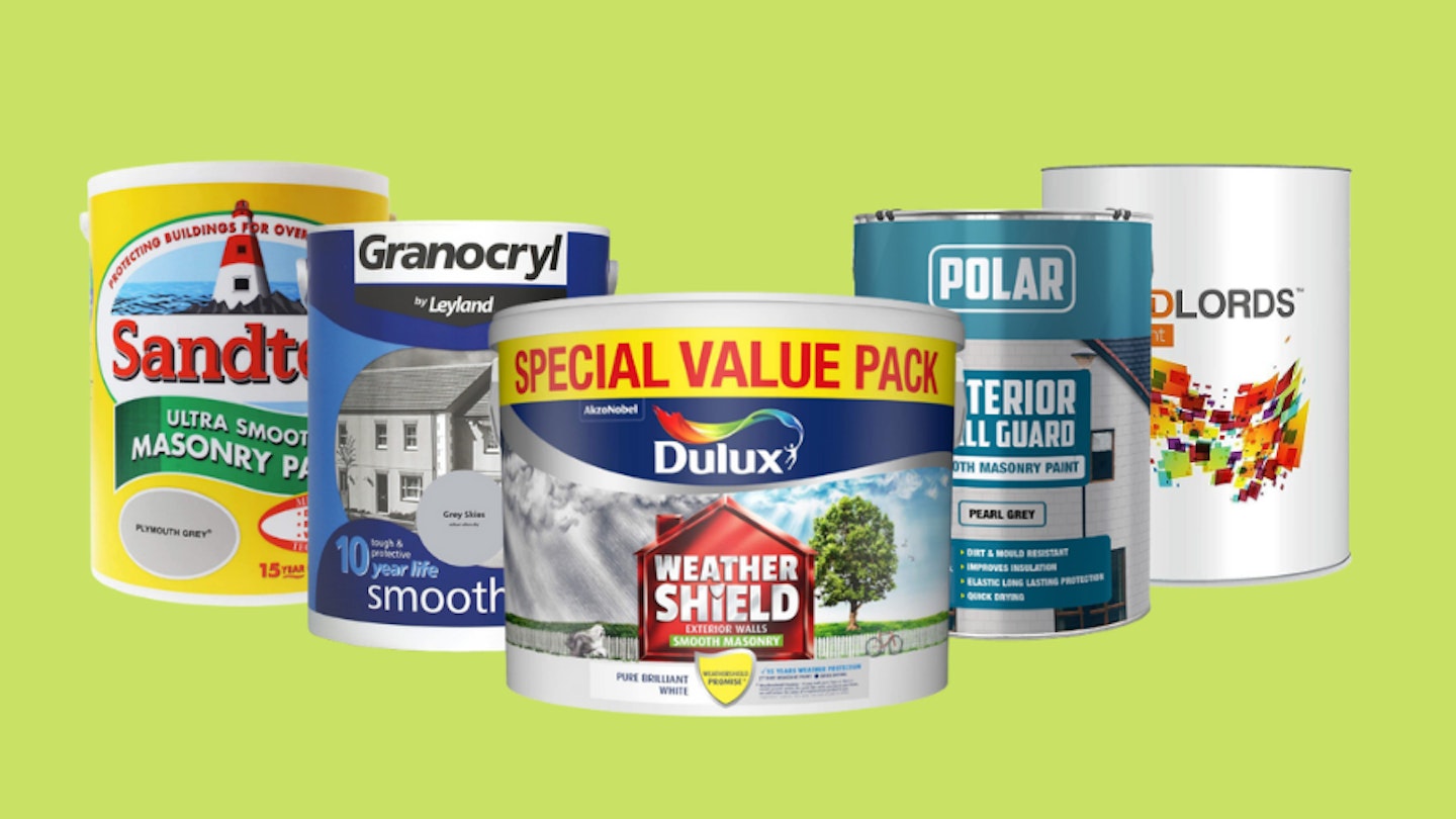 Five best masonry paints in a row on a yellow background