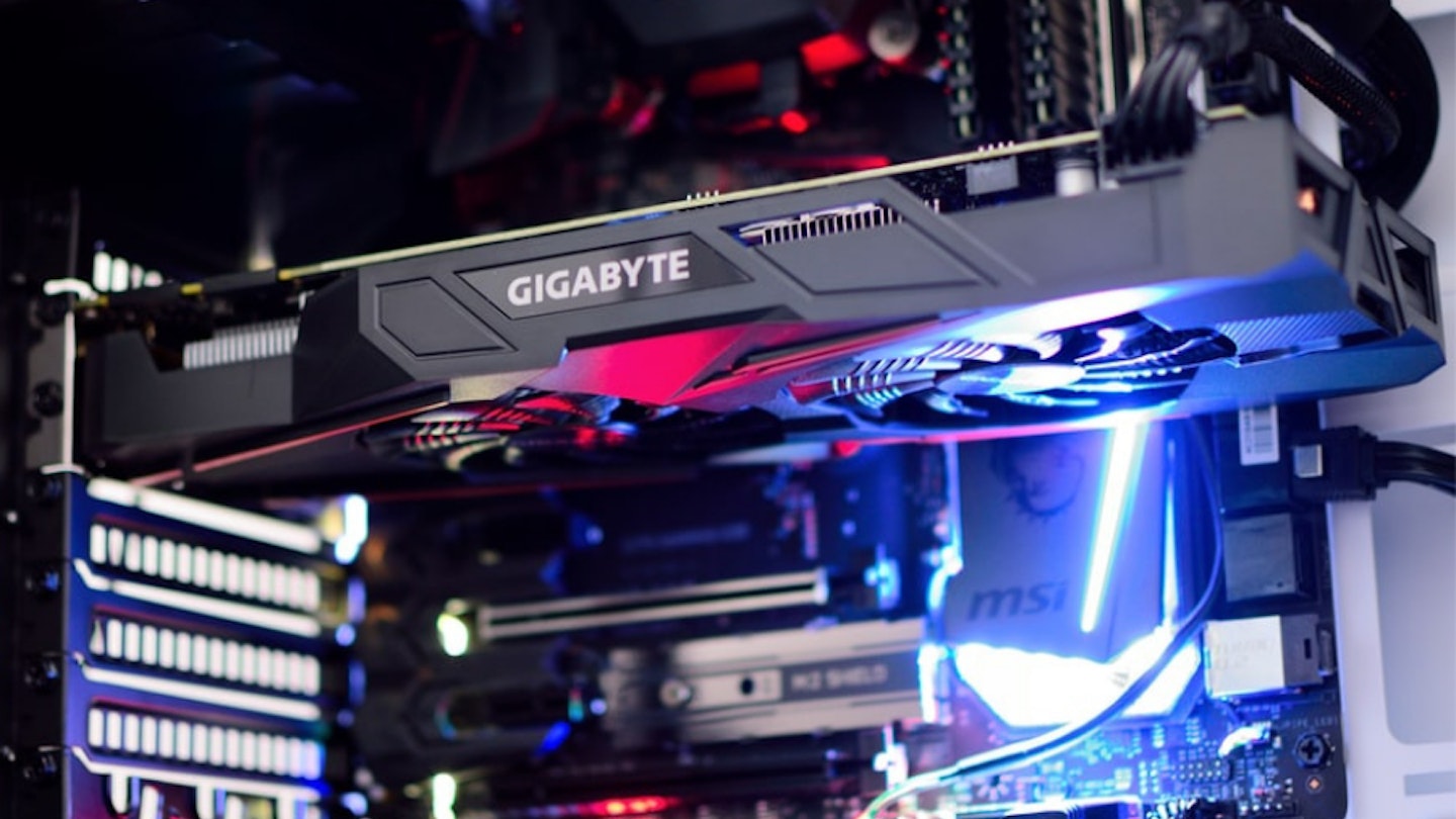 Best graphics card: A gigabyte graphics card in an open PC rig with RGB lighting