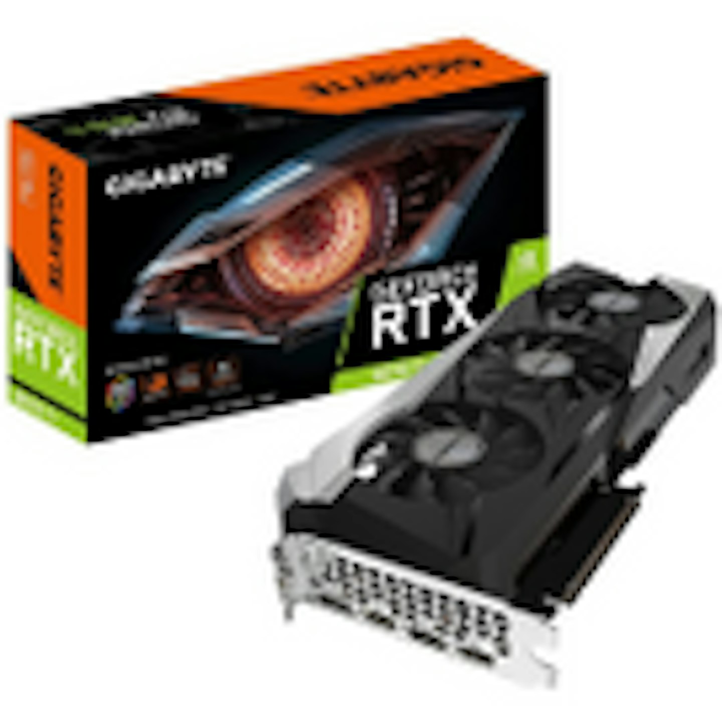 A Gigabyte GeForce RTX 3070 Ti graphics card with box