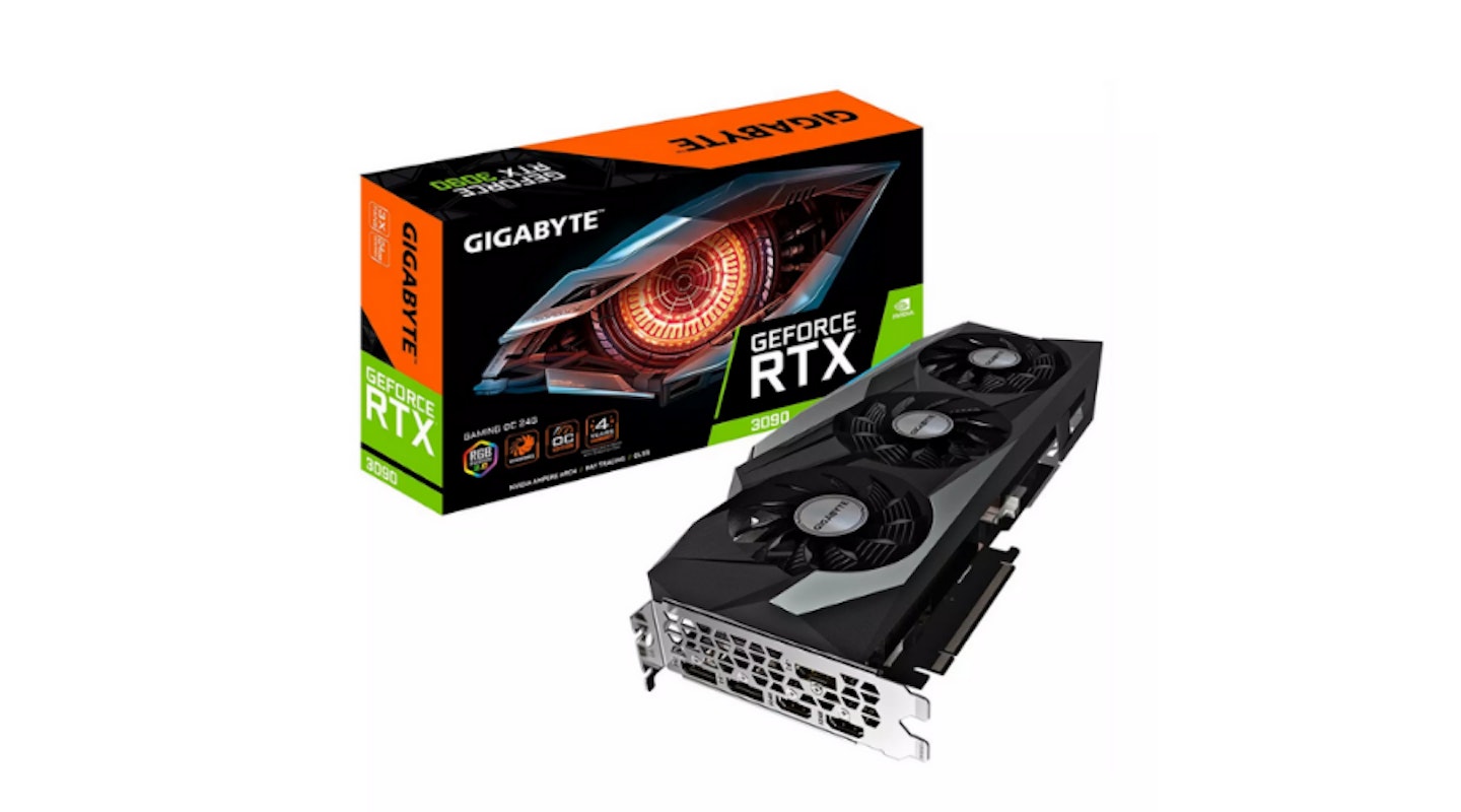 A Gigabyte RTX GeForce 3090 graphics card with box