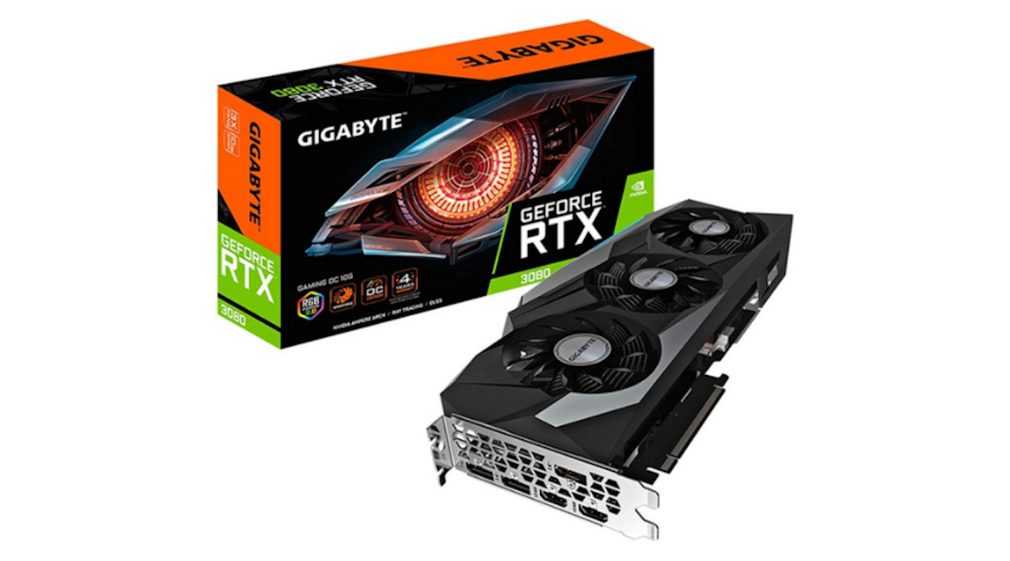 A Gigabyte RTX GeForce 3080 graphics card with box