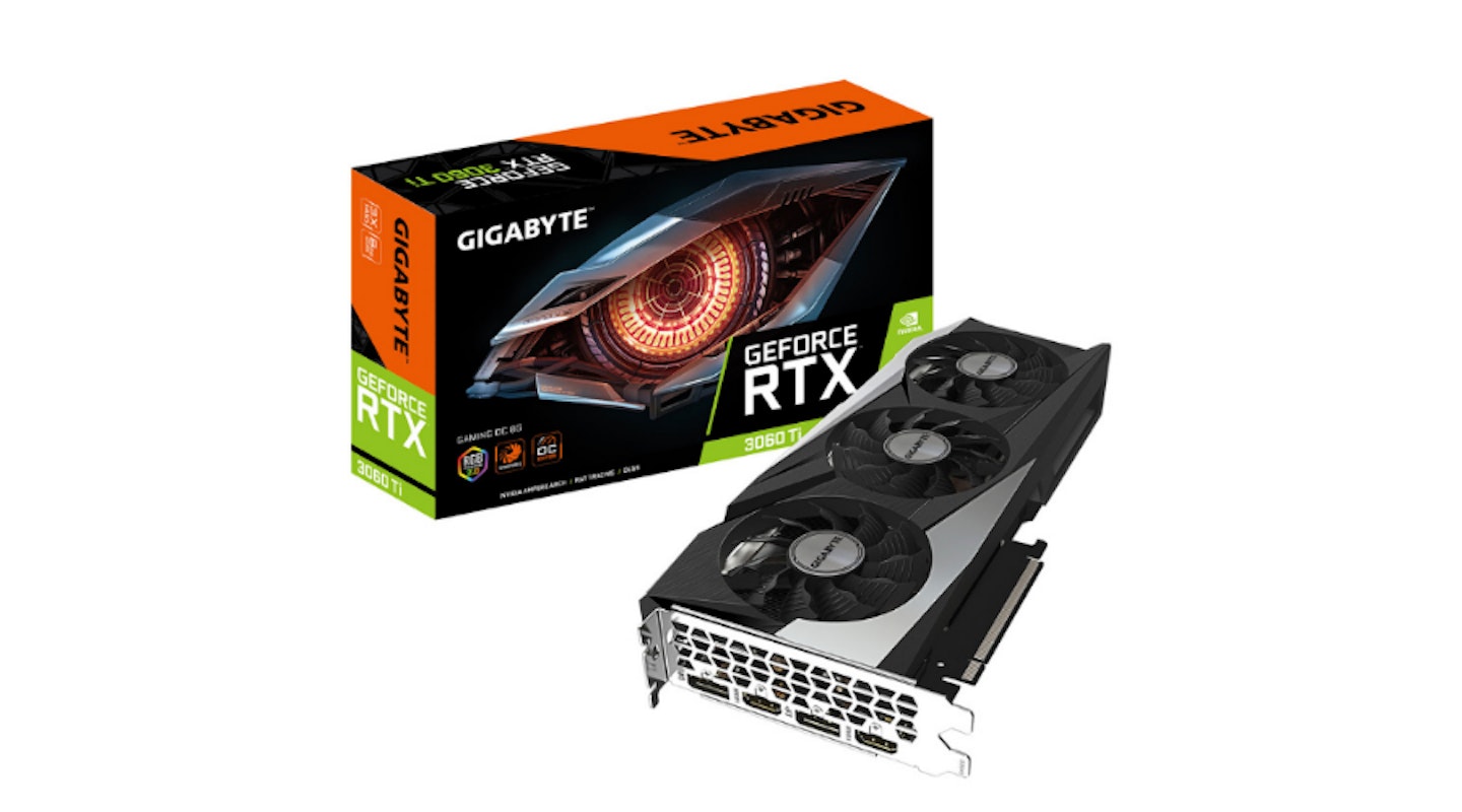 A Gigabyte RTX GeForce 3060 Ti graphics card with box