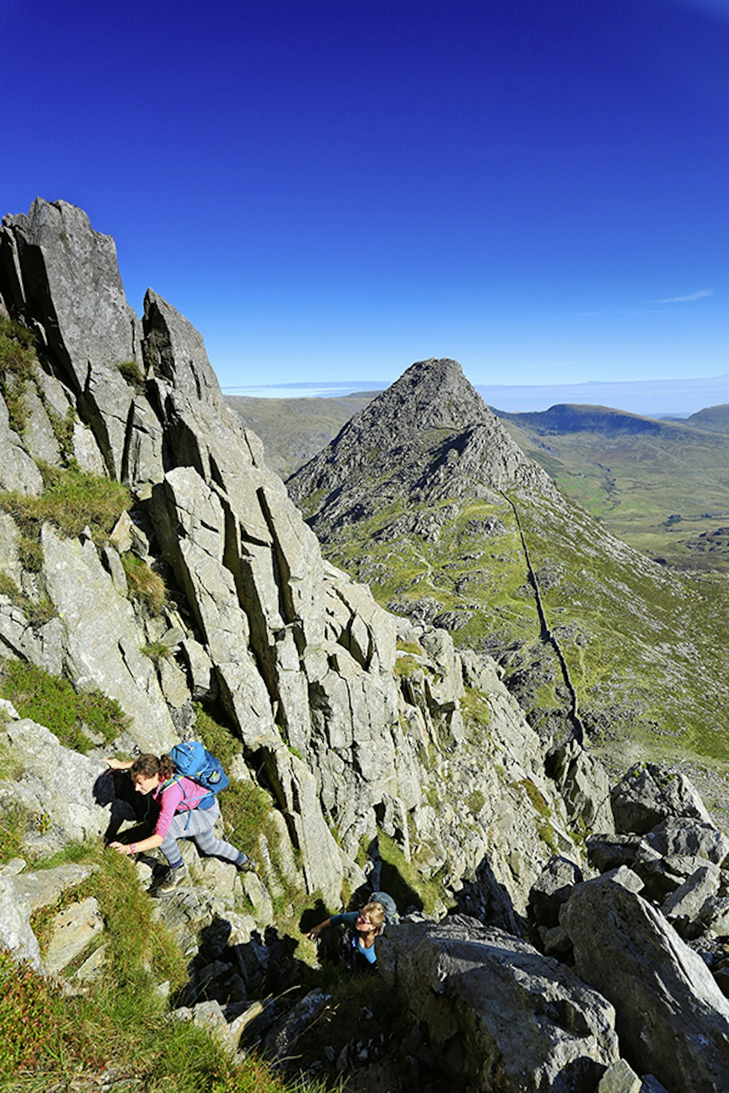 High in Sinister Gully, it’s worth pausing here to turn and look  back at the view of Tryfan.