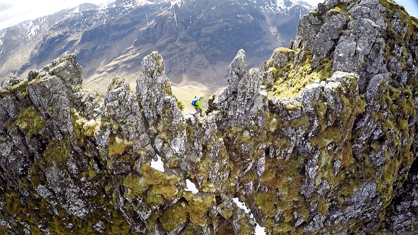 Scrambling Aonach Eagach’s  ‘crazy pinnacles’ on the thinnest, most exposed section of the ridge.