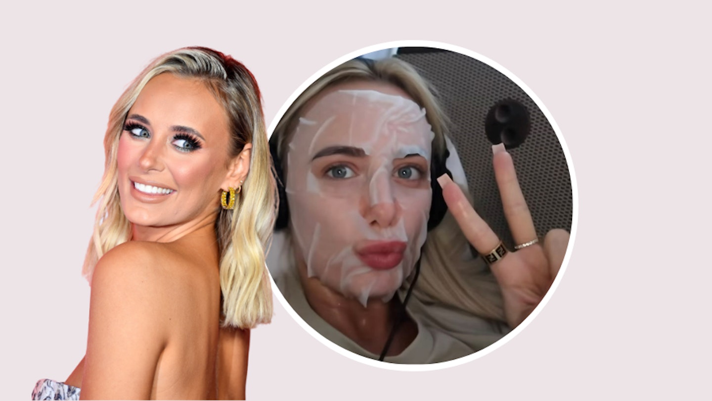 Love Island's Millie Court and a photo from her recent YouTube video on a plane wearing a sheet mask she used. 