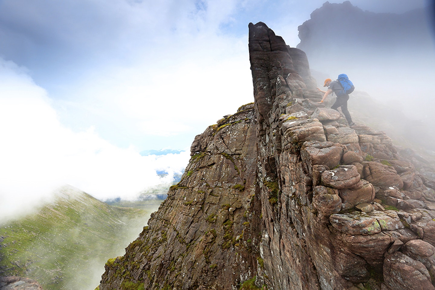 Scrambling below Lord Berkeley’s Seat on one of the most spectacular and exposed sections of the An Teallach traverse.