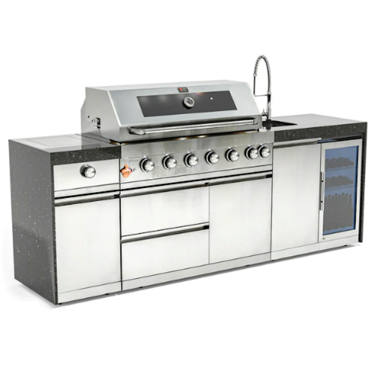 Draco Grills 6 Burner Stainless Steel Outdoor Kitchen with Sear Station, Sink and Fridge Unit
