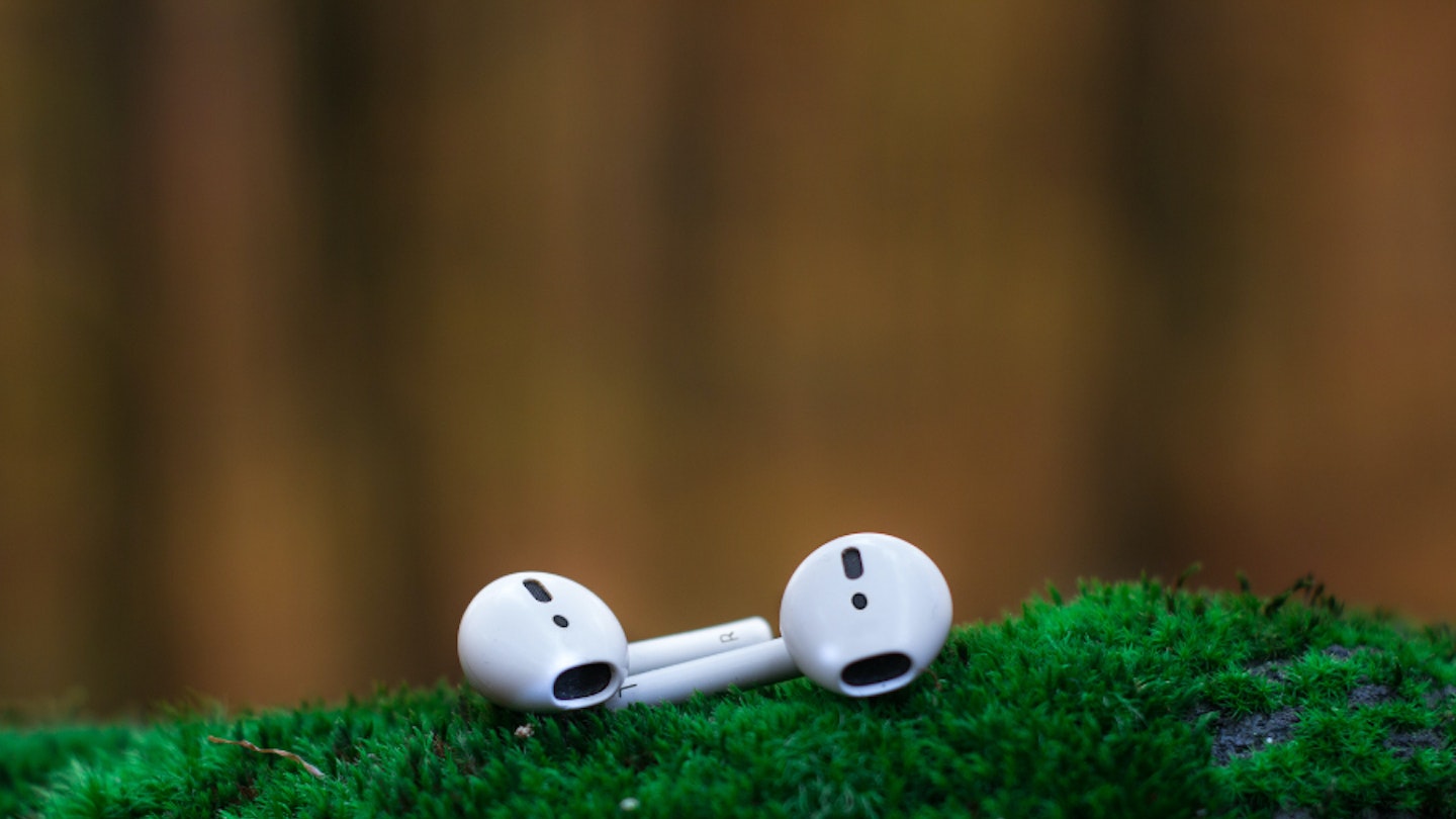 A pair of AirPods on a moss-covered rock