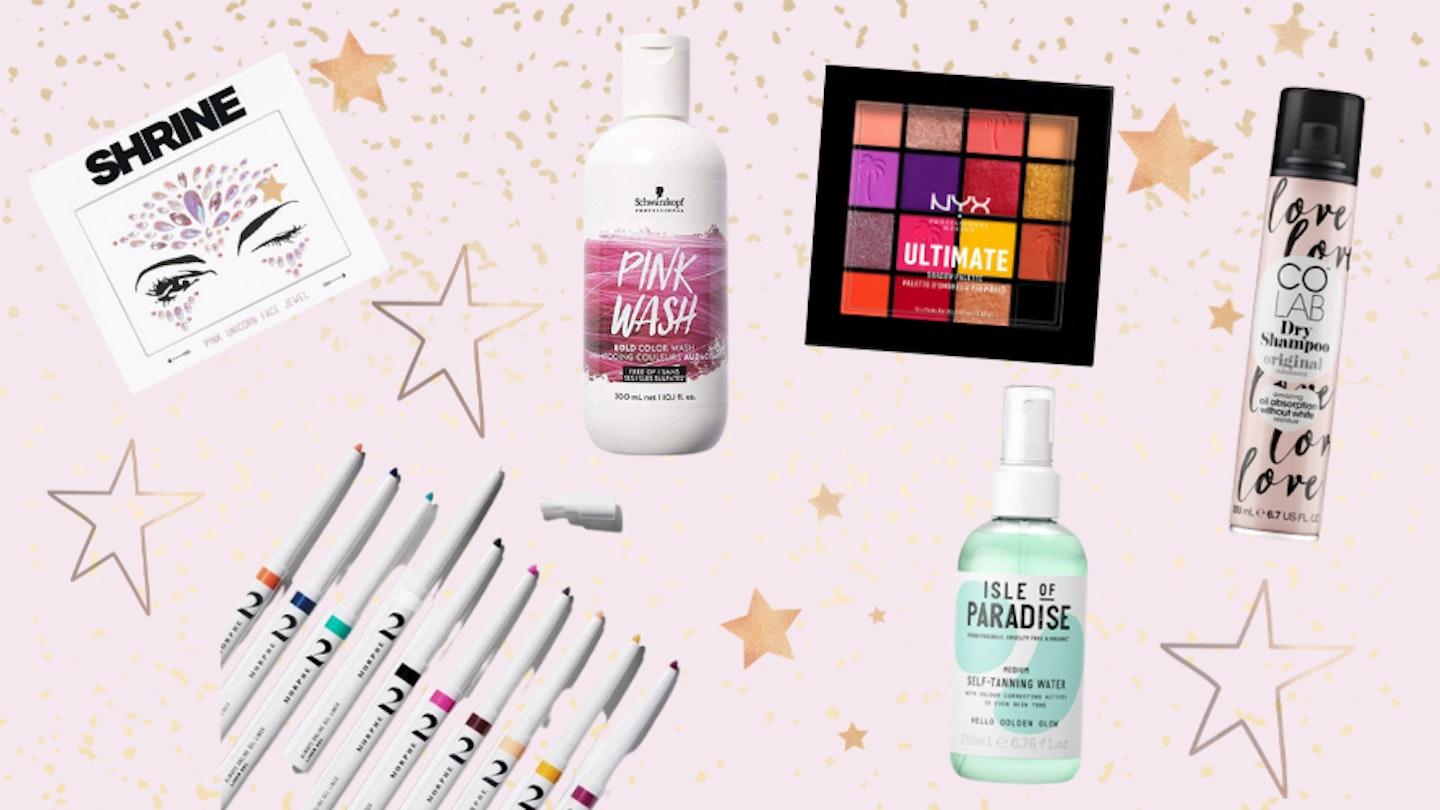 A picture of six products featured in this festival make-up article on a pink, glitter background with added gold stars. 