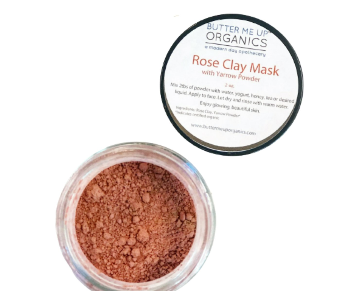 A picture of the Butter Me Up Organics Rose Clay Mask and what is inside the product.