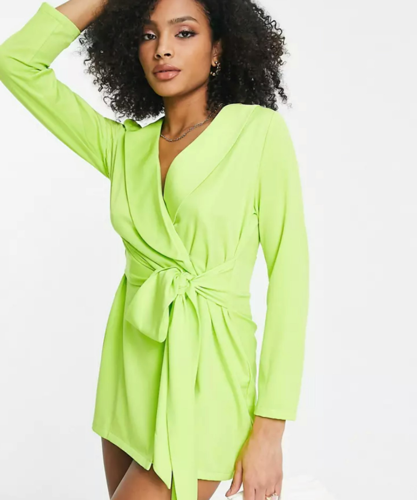 In the Style Exclusive Tie Front Blazer Dress in Lime