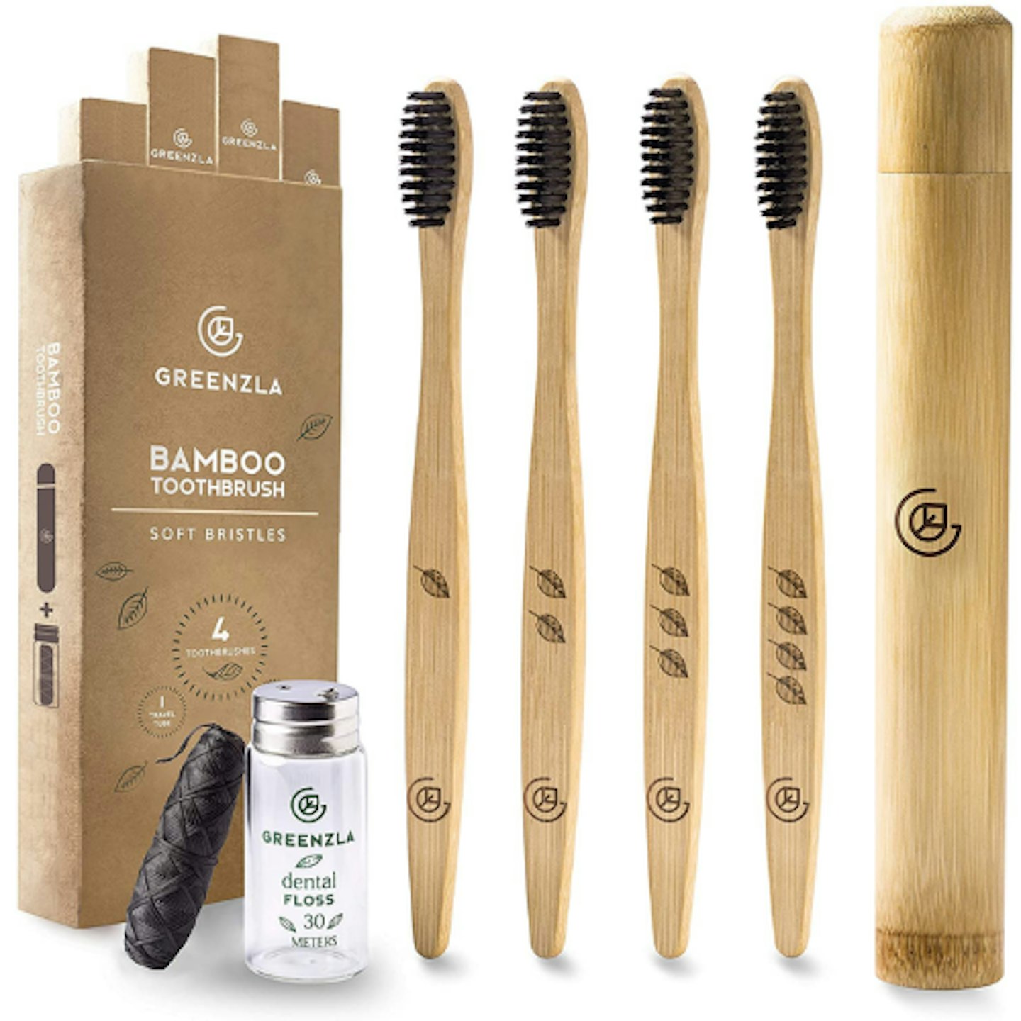 Greenzla Bamboo Toothbrush with Travel Toothbrush Case & Charcoal Dental Floss, 4 Pack