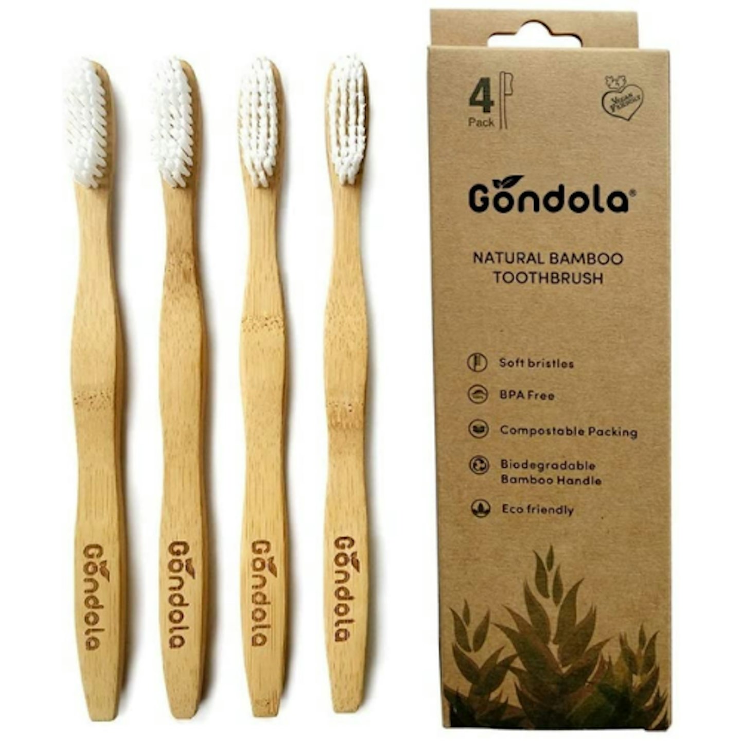Gondola Organic Bamboo Toothbrushes, 4 Pack