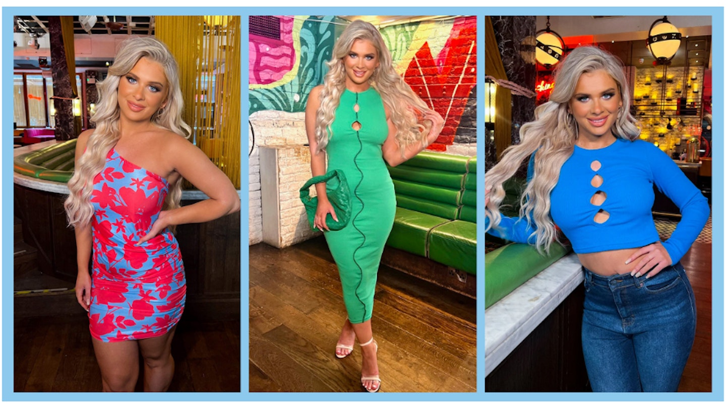 Three pictures of Love Island's Liberty Poole wearing her new clothing collection for In The Style on a blue and white background.