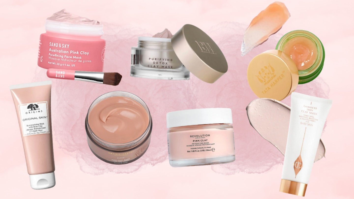 A picture of seven of the pink clay face masks featured in this article on a light pink background. 