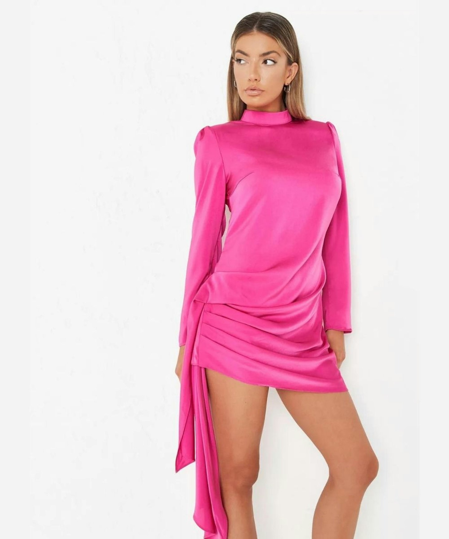 Pink Satin Shoulder Pad Drape Mini Dress