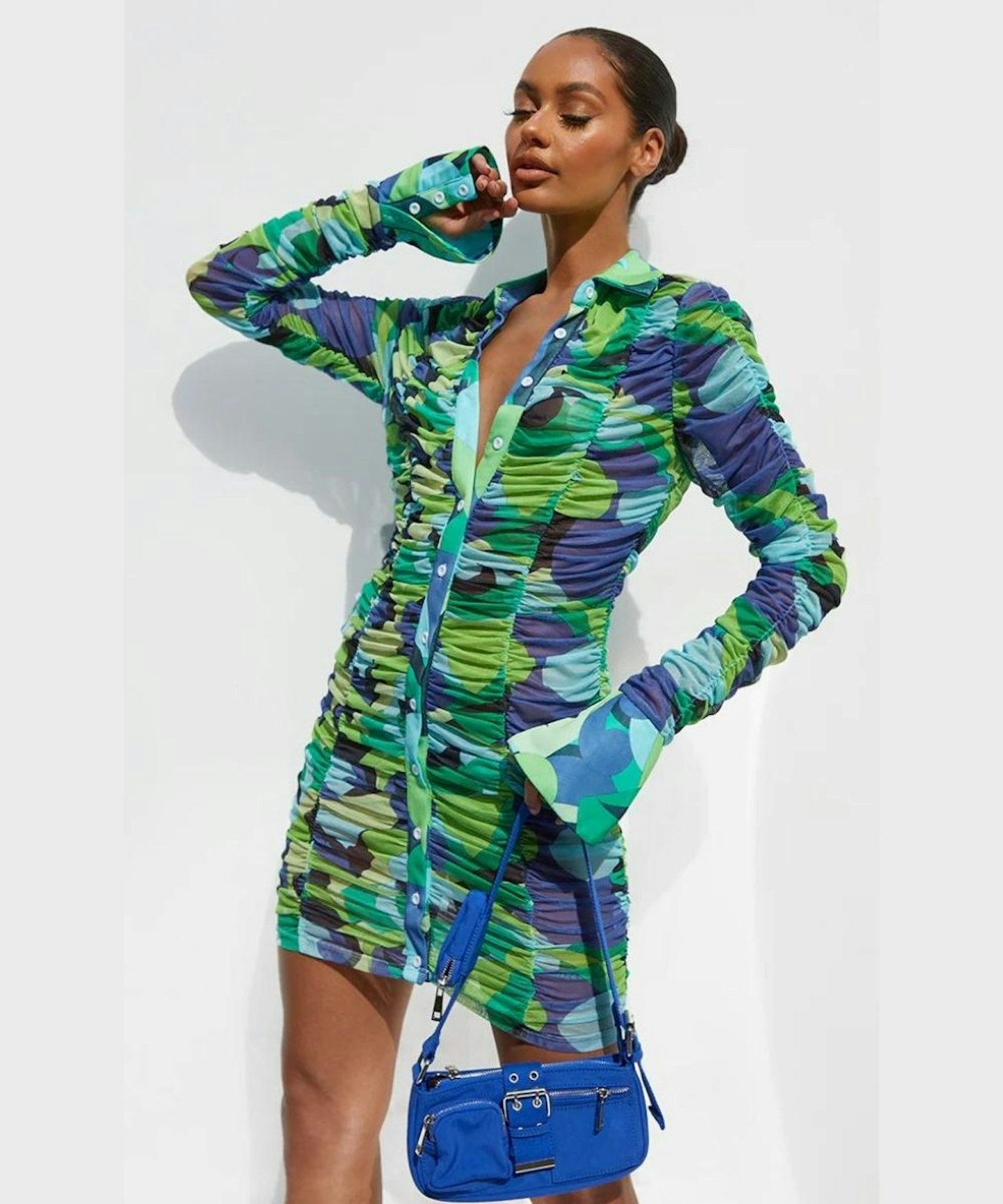 Green Abstract Print Mesh Ruched Oversized Cuff Shirt Dress