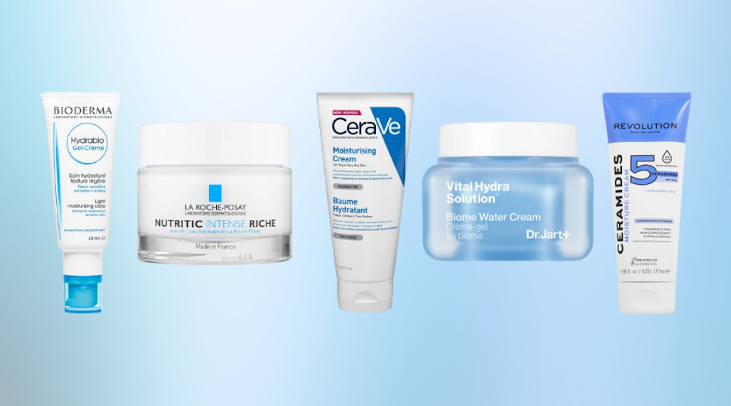 A picture of the five moisturisers for dehydrated skin featured in this article on a blue background.