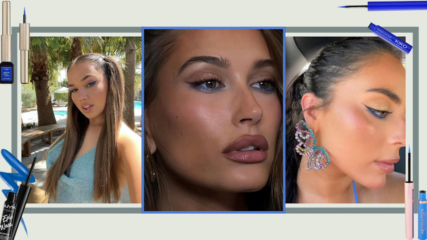 Three pictures featuring Lidia Baylis Zullo, Hailey Bieber, Cinzia Baylis Zullo from Instagram wearing blue graphic liner on a green background.