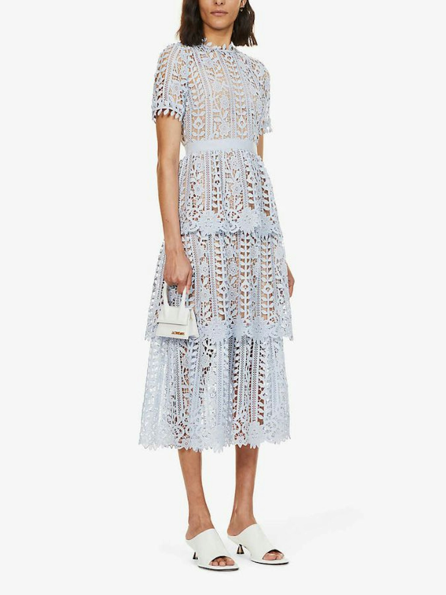 Floral-embroidered round-neck lace midi dress