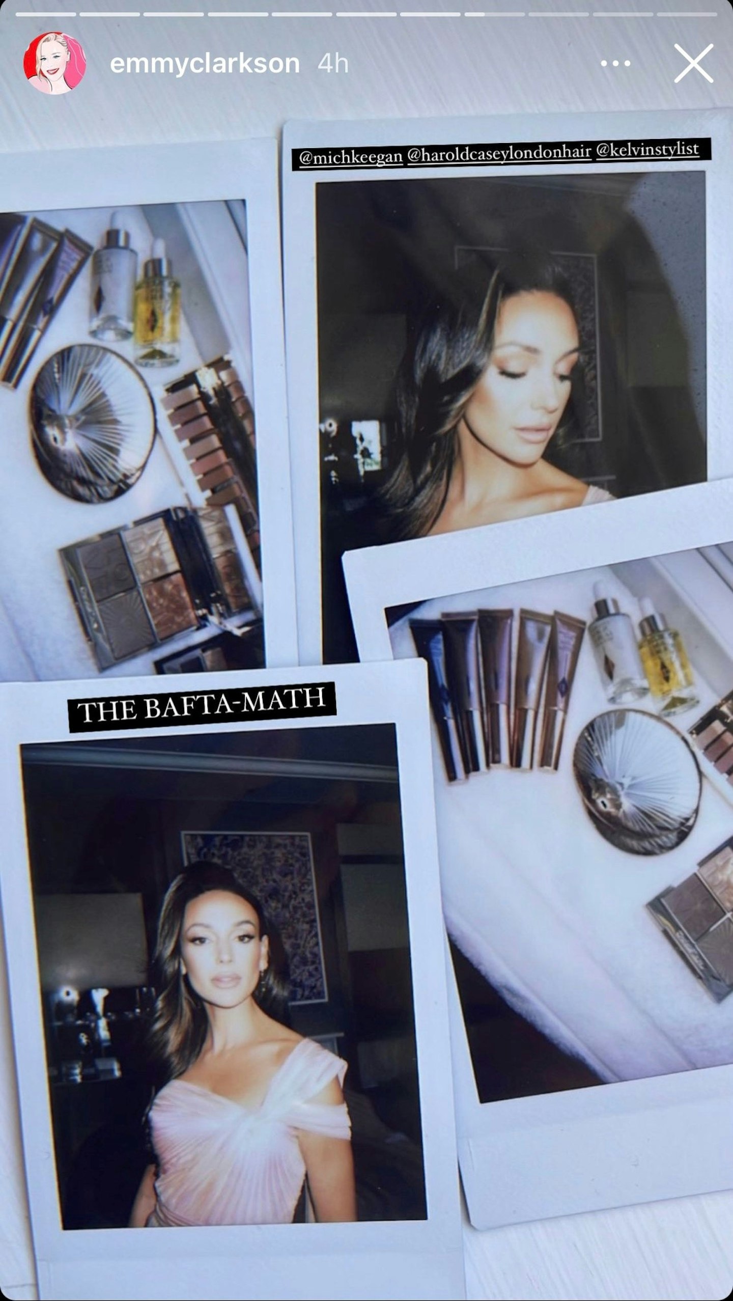 Four polaroid pictures of Michelle Keegan getting ready for the BAFTA's. 