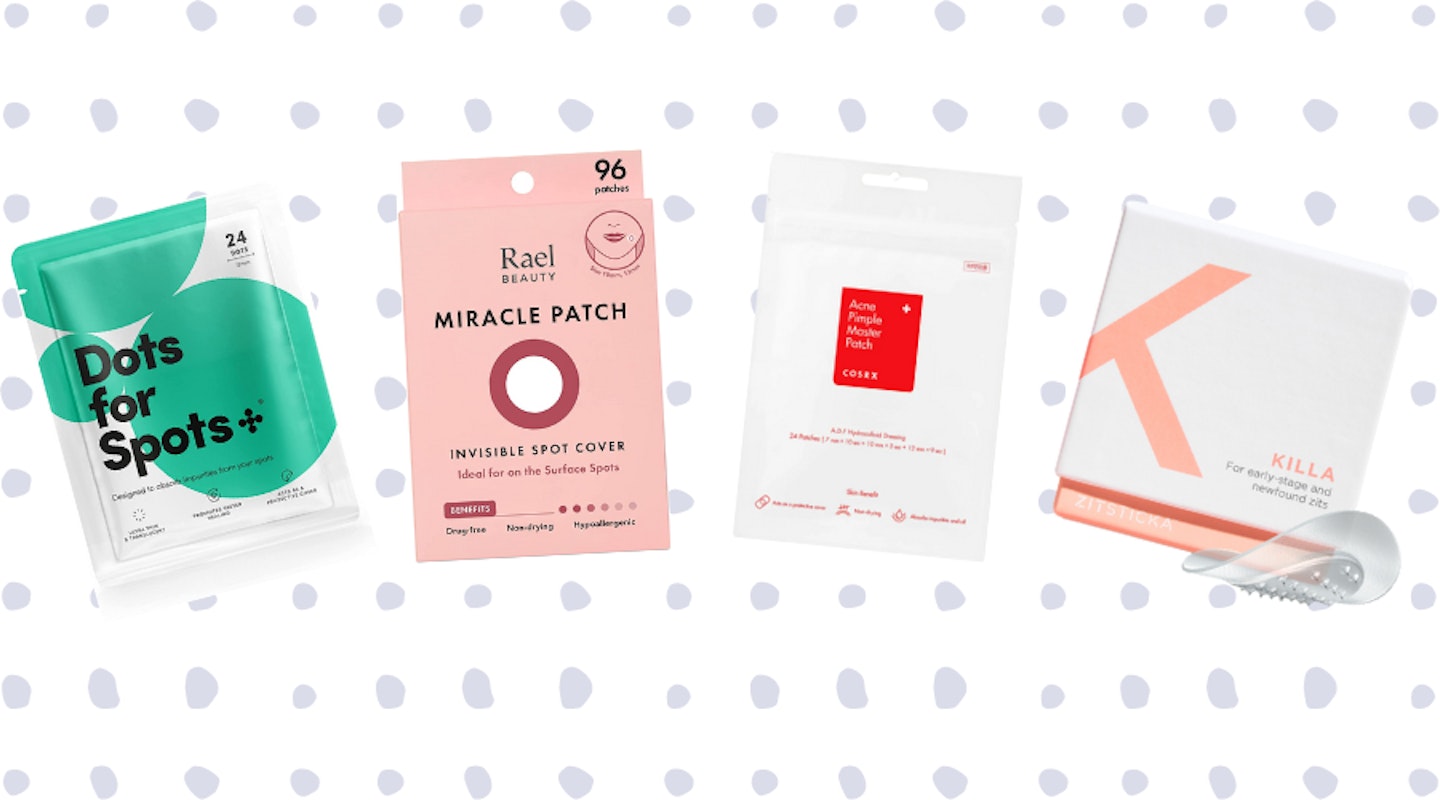 A picture of the four pimple patches featured in this article on a light blue, spotty background.