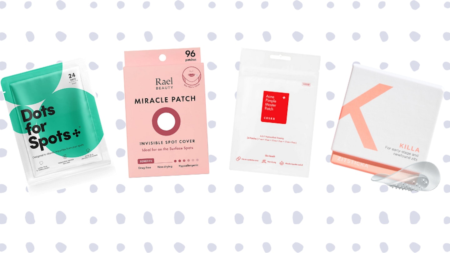 A picture of the four pimple patches featured in this article on a light blue, spotty background. 