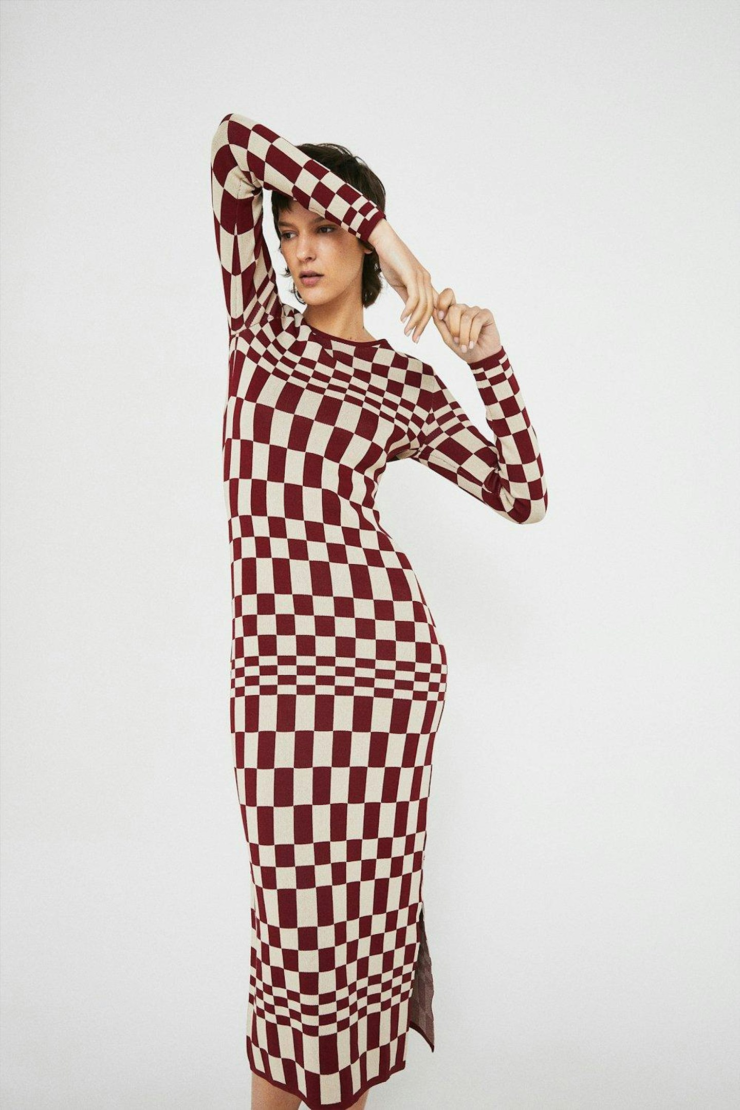 Warehouse Petite Checkerboard Knit Midi Dress
