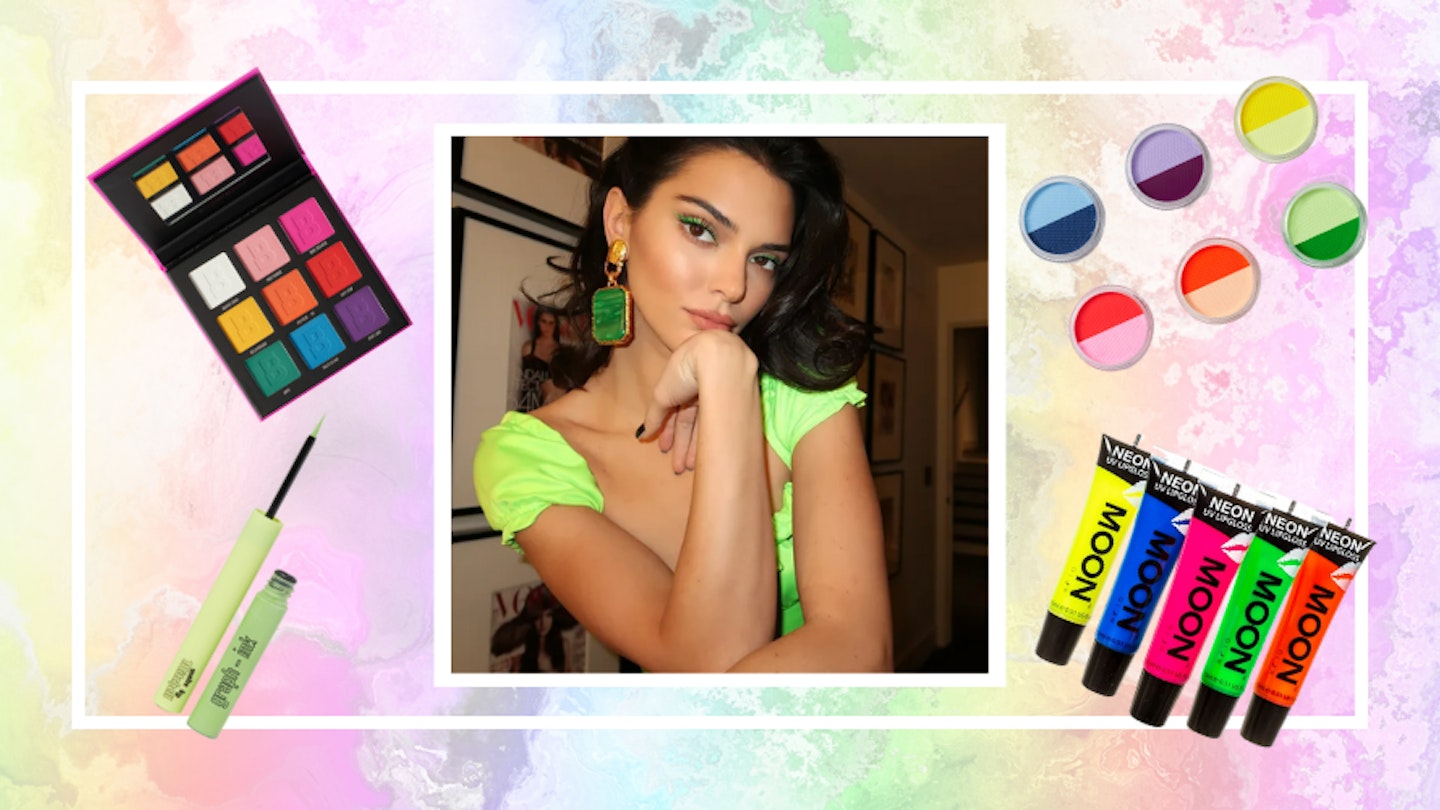 A picture of Kendall Jenner wearing a neon lime liner on a rainbow background and the four products featured in this article. 