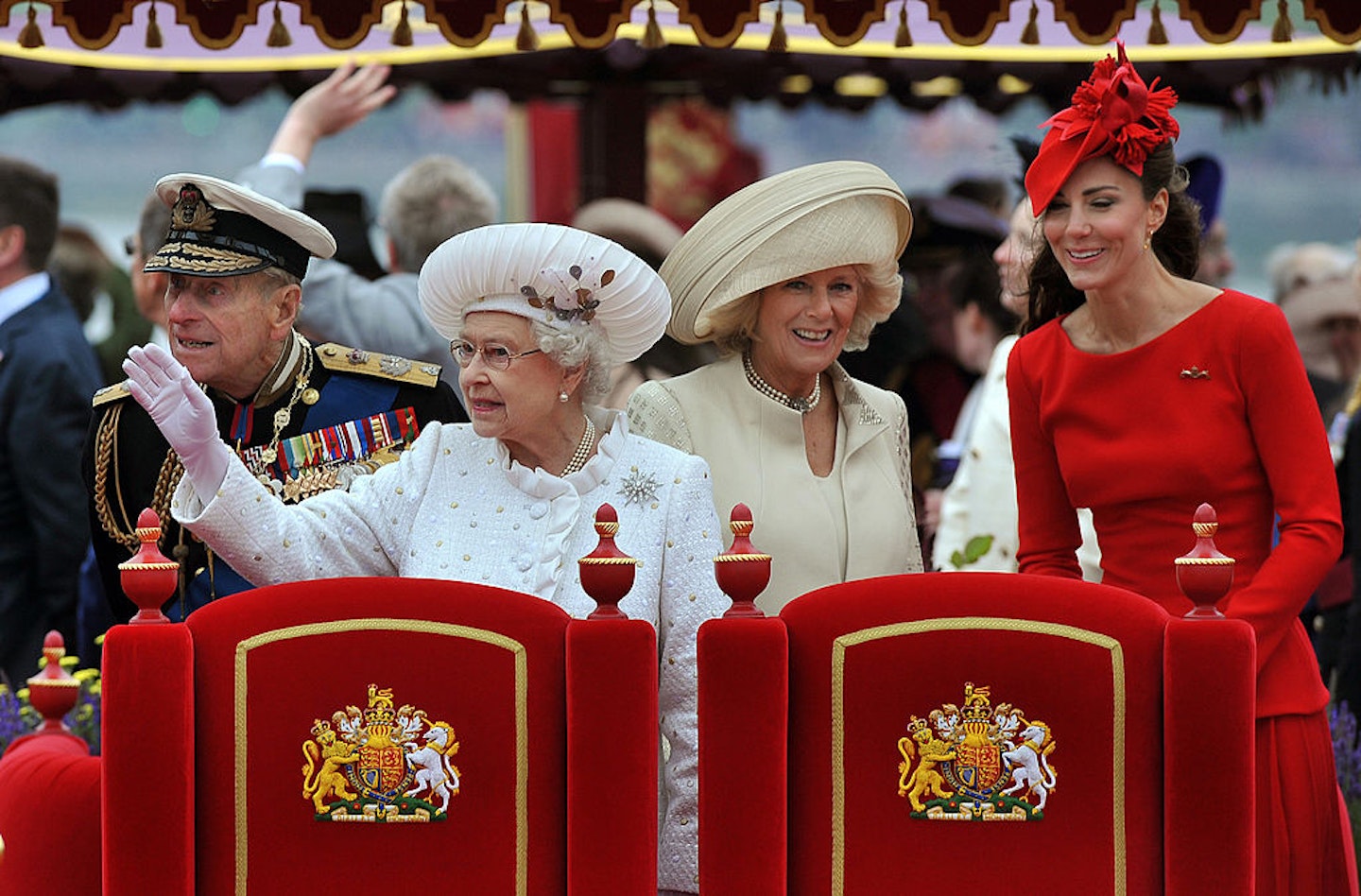 rince Philip, The Duke of Edinburgh, Queen Elizabeth II, Camilla, Duchess of Cornwall, and Catherine, Duchess of Cambridge onboard the Spirit of Chartwell during the Diamond Jubilee