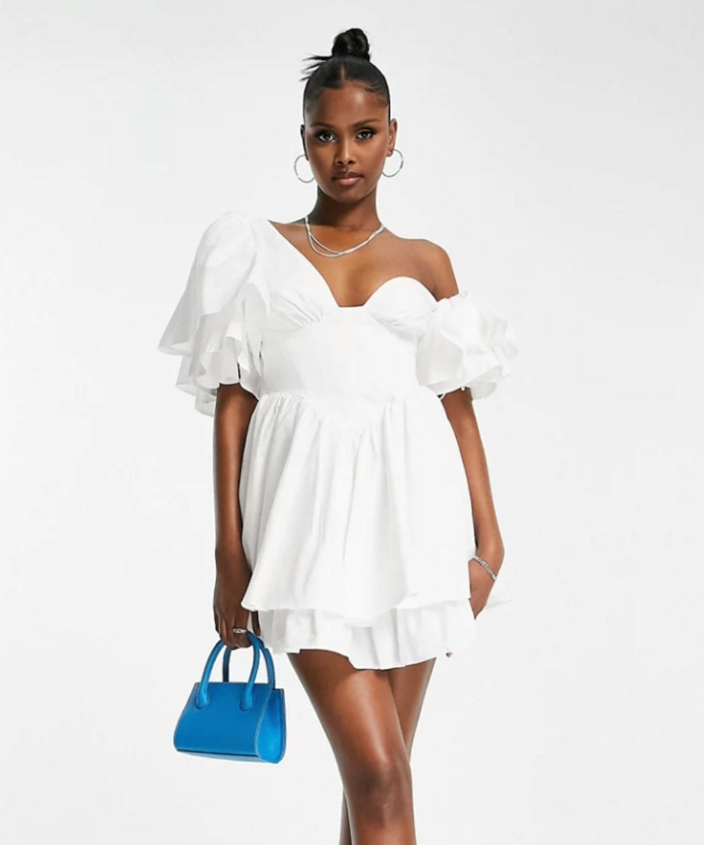 Asos Luxe One Shoulder Cotton Dress With Corset Detail and Ruffles in White