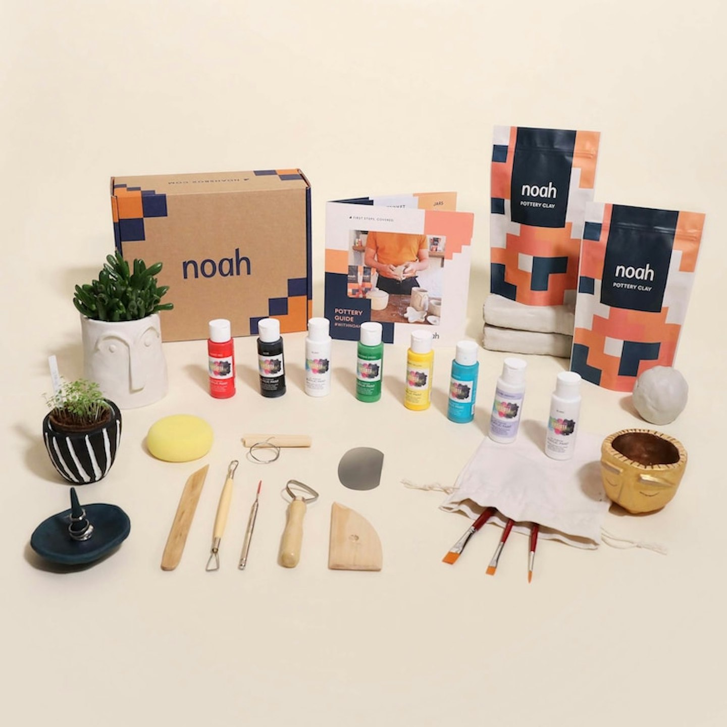 Noah's Box Shop, Pottery Starter Kit | 2kg White Clay + 8pc Tools + 6pc Colours Sets + 3 Brushes, from £35