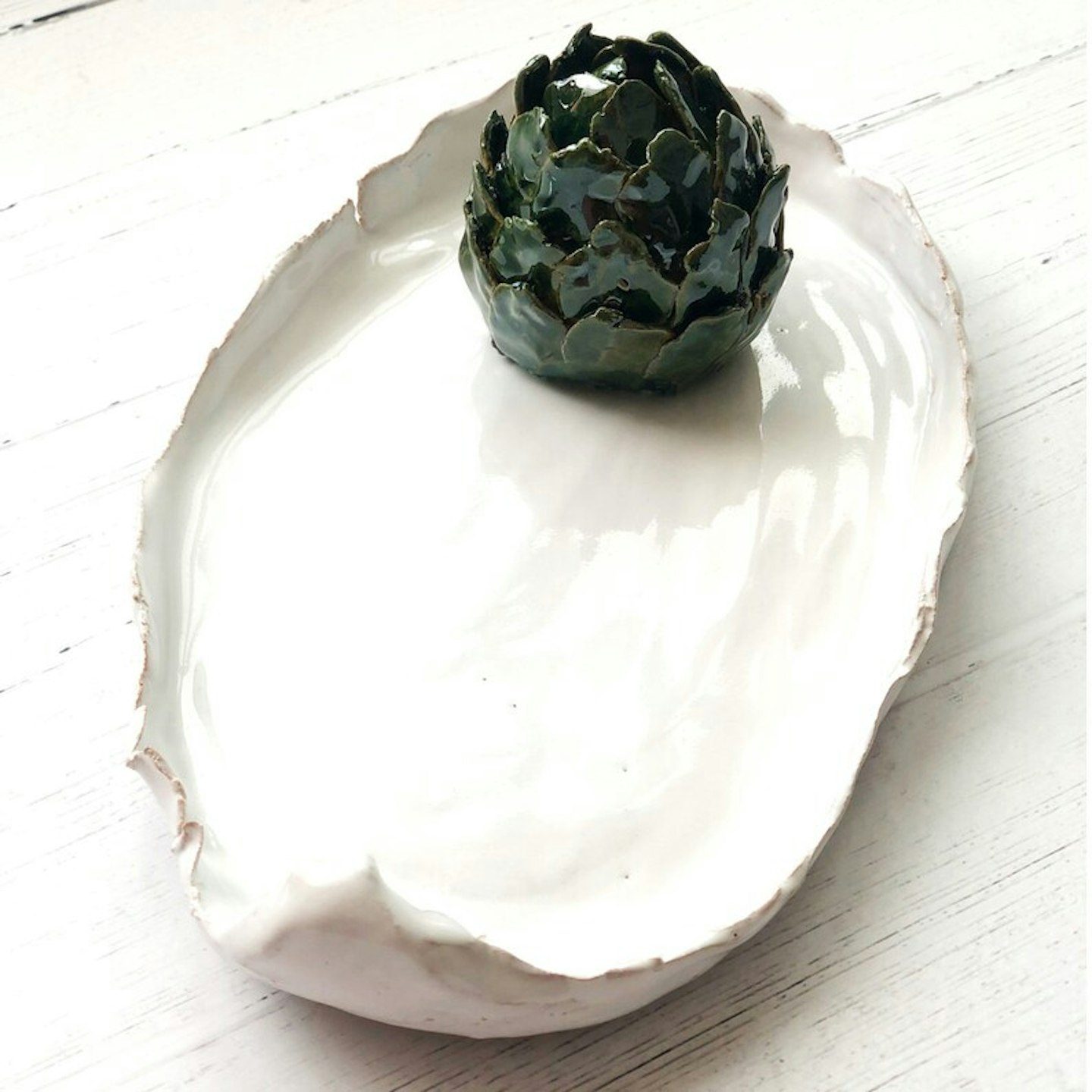 h Wren Ceramics, Handmade Ceramic Artichoke on a Dish: Globe Artichoke on an Oval Dish, £65