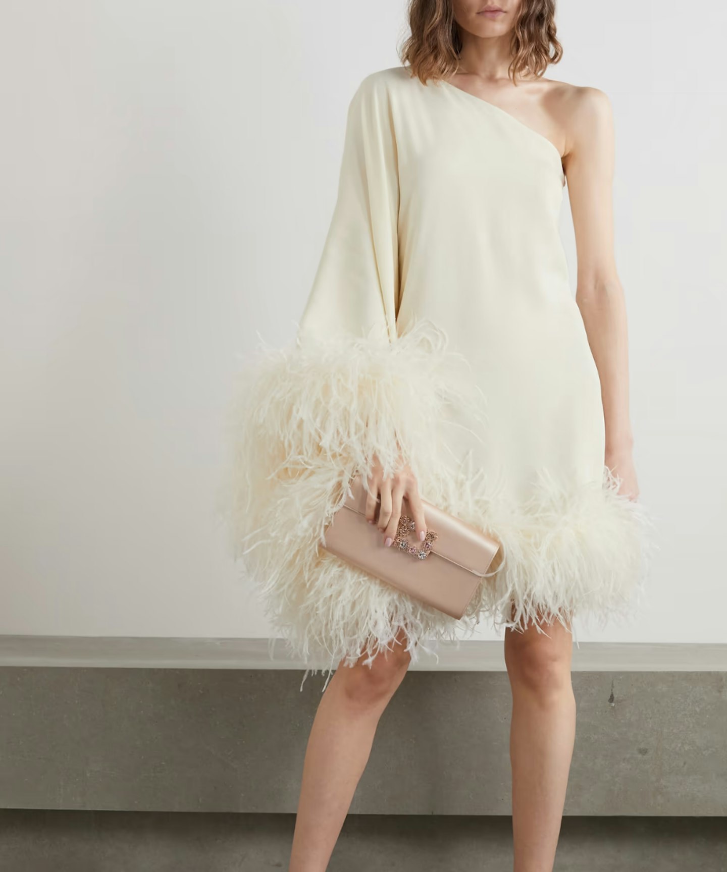 Taller Marmo Piccolo Ubud One-Shoulder Feather-Trimmed Dress
