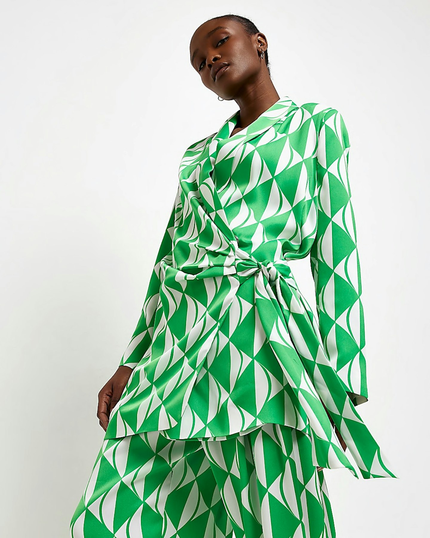 river island best buys Green Geometric Print Wide Wrap Blazer Dress, £70