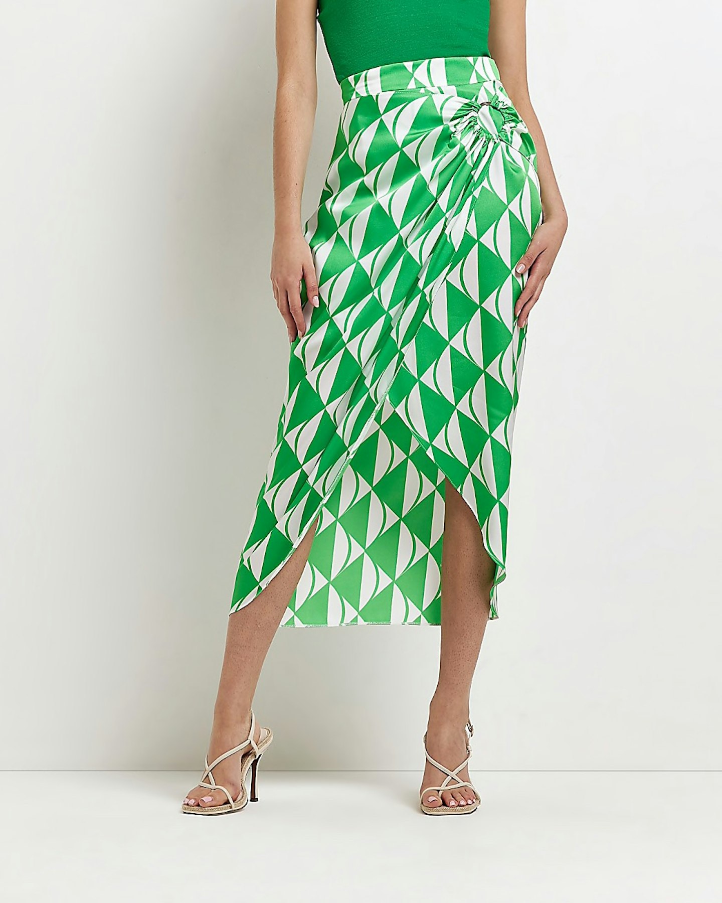 river island best buys Green Geometric Print Satin Wrap Skirt, £37