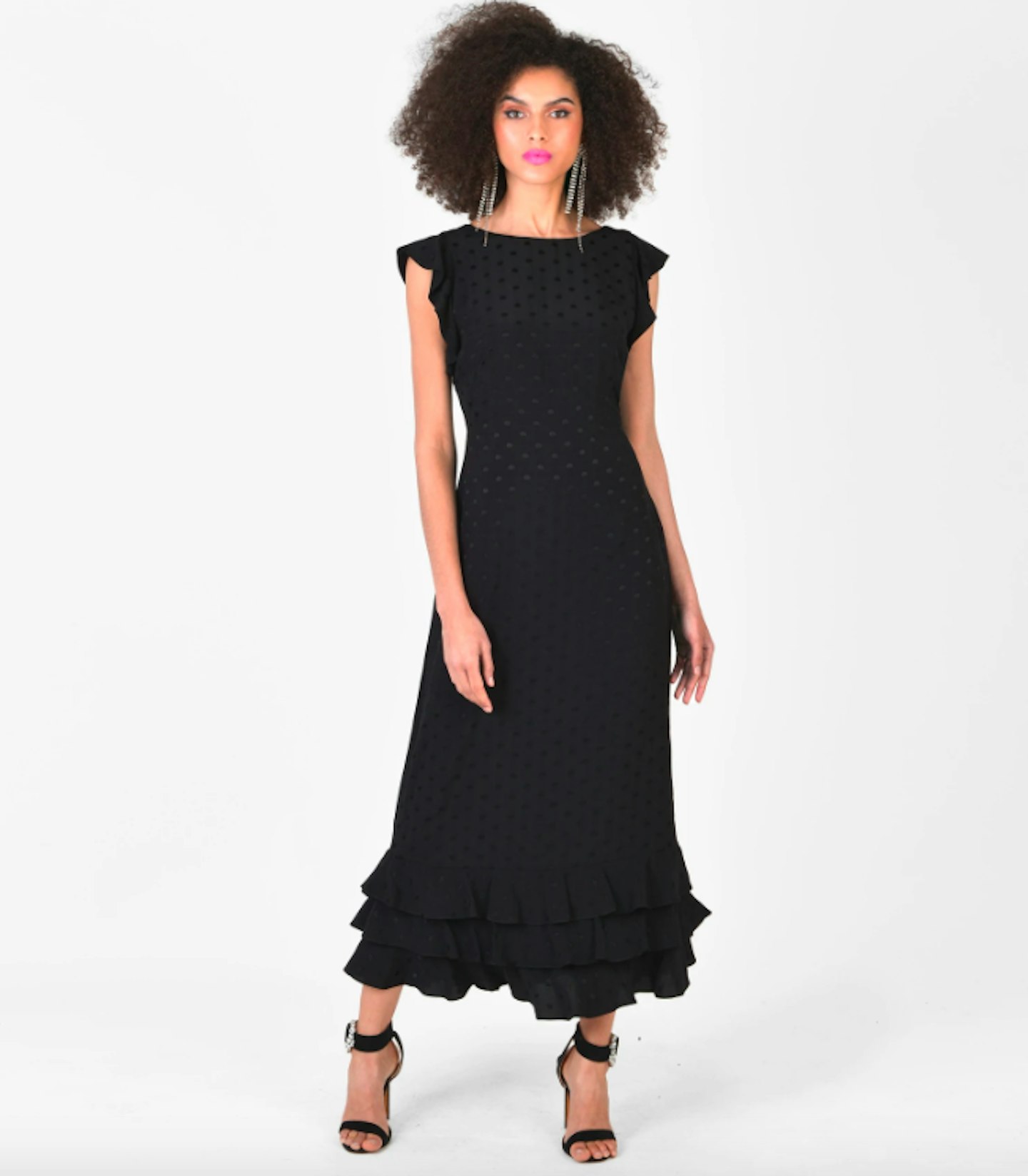 Ro&Zo, Black Jacquard Ruffle Shoulder Midi Dress, £109