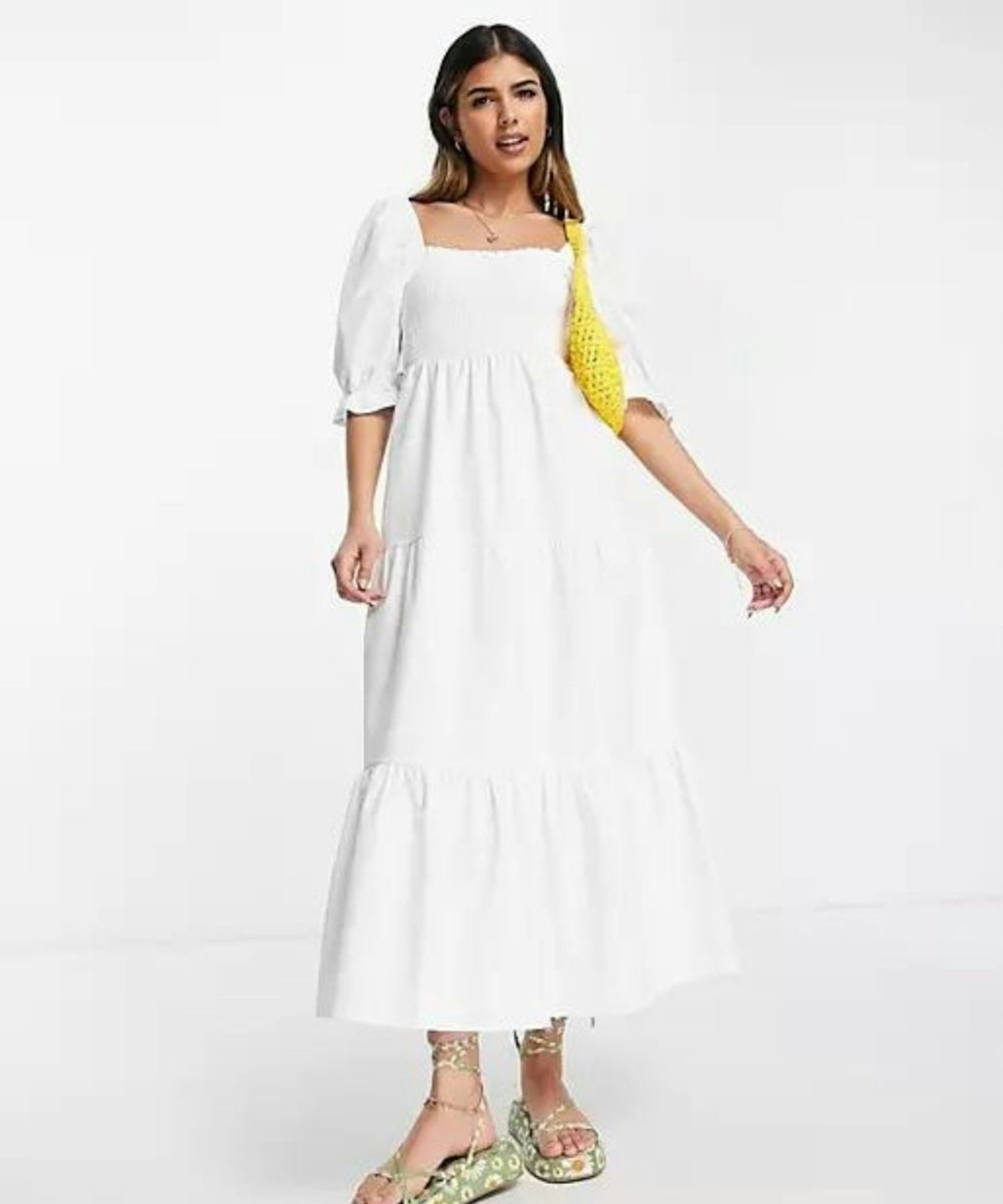 Stradivarius Shirred Poplin Midi Dress With Puff Sleeves