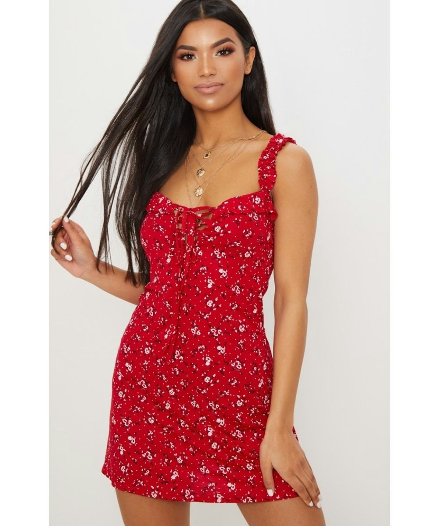 Red Ditsy Floral Frill Detail Shift Dress