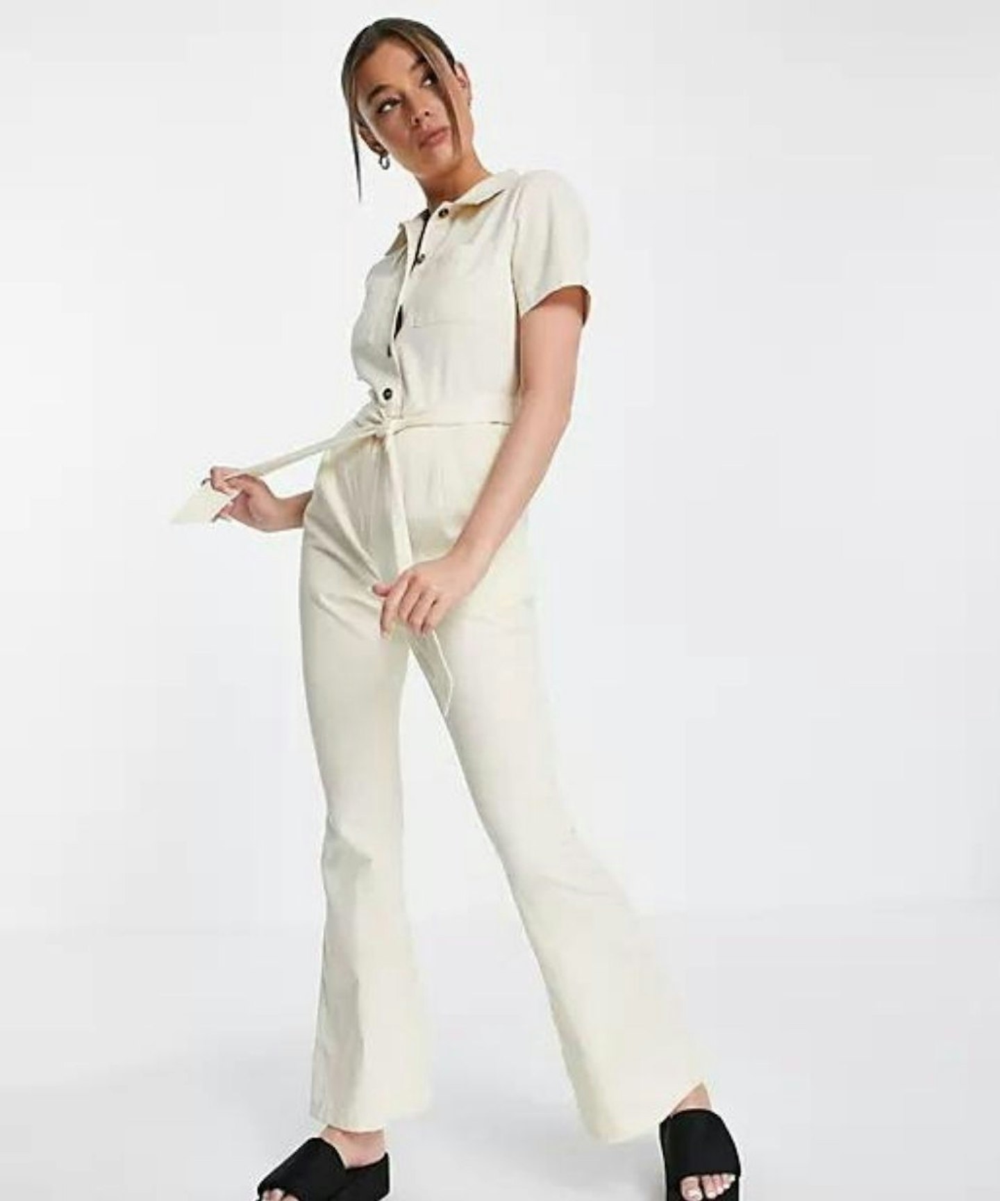 ASOS DESIGN Twill 70s Kickflare Boilersuit In Cream