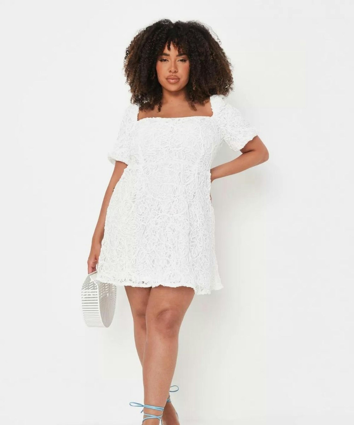Plus Size White Cornelli Lace Puff Sleeve Mini Dress