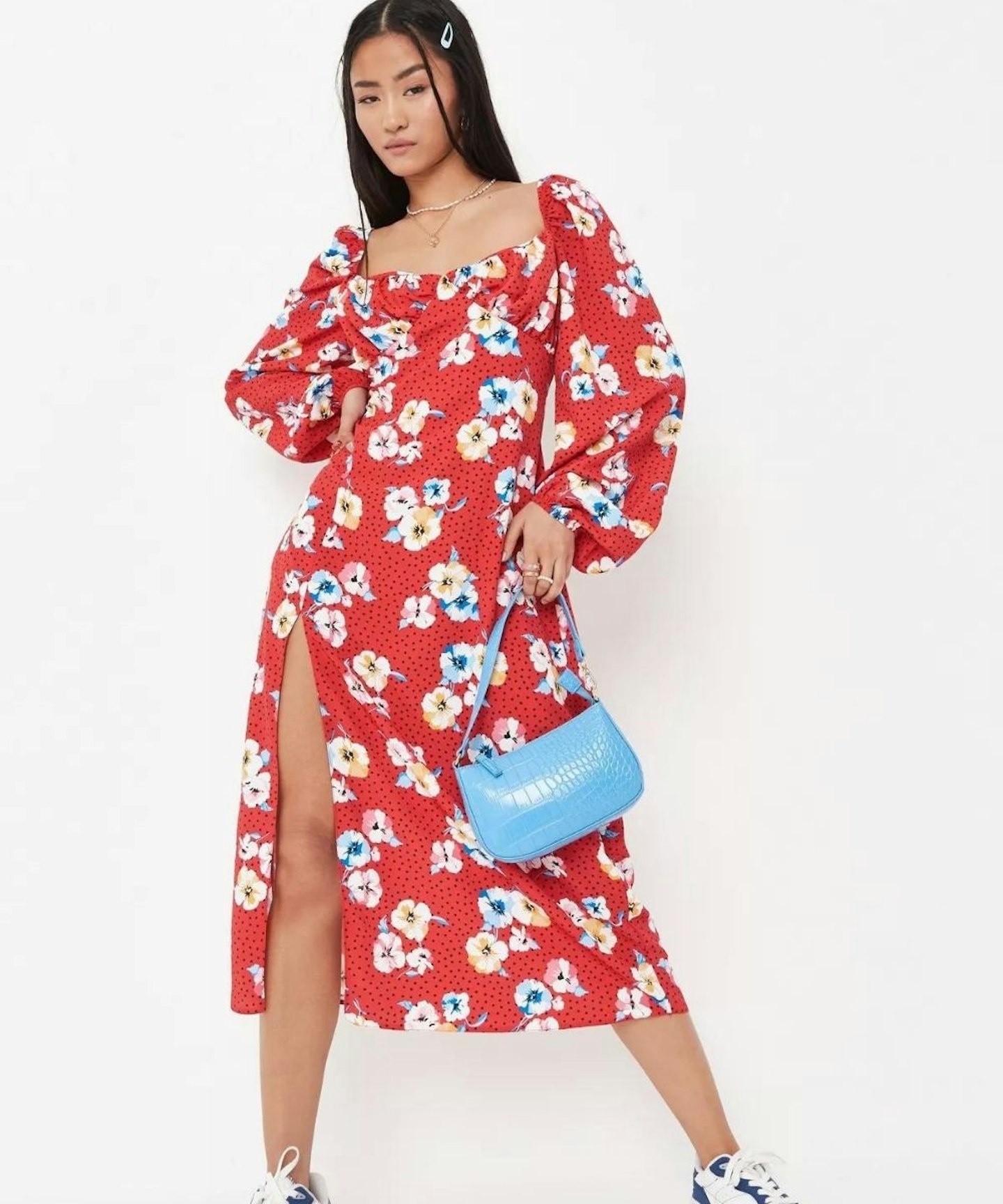 Red Polka Dot Milkmaid Balloon Sleeve Midaxi Dress