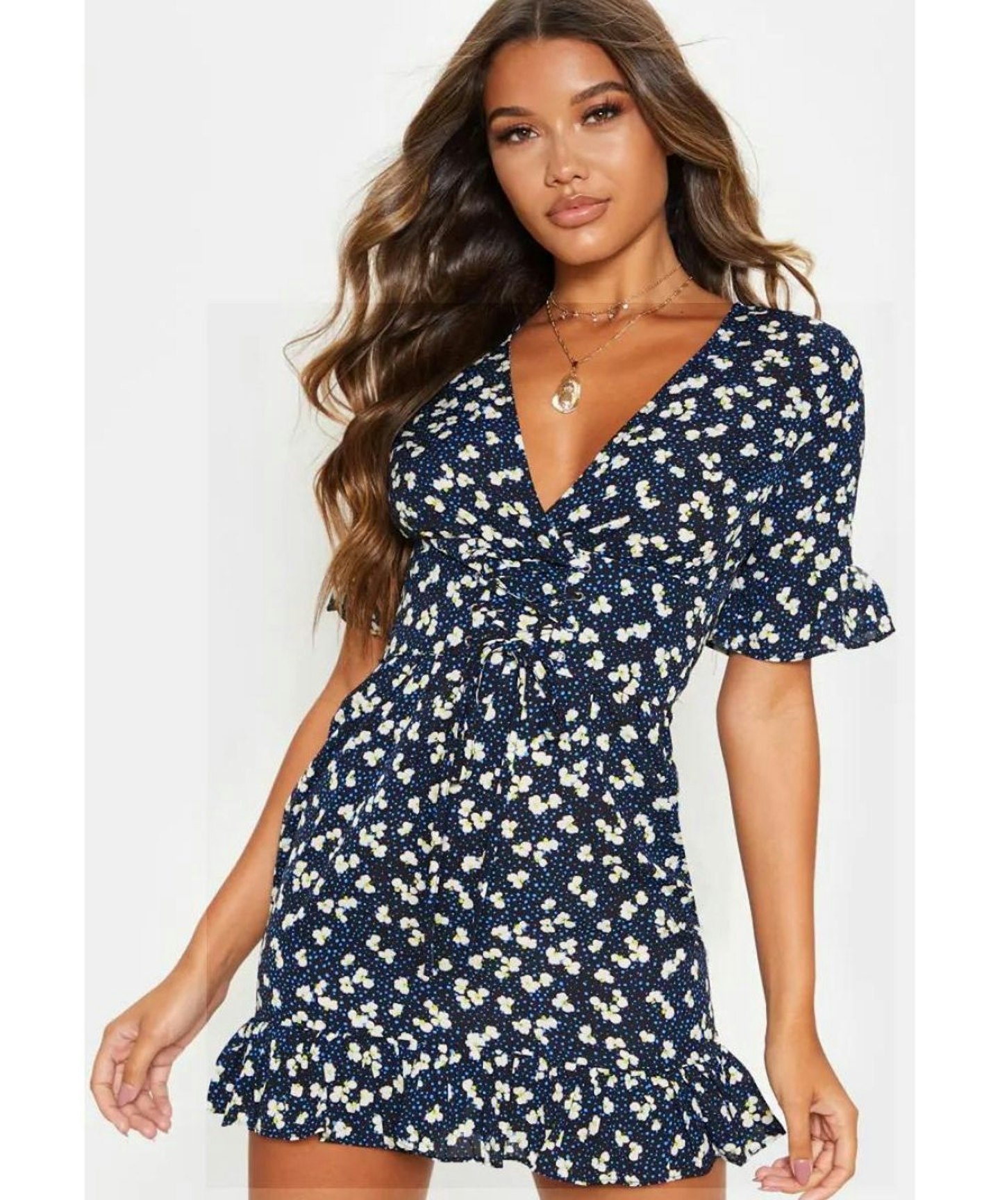 Navy Ditsy Floral Print Corset Swing Dress