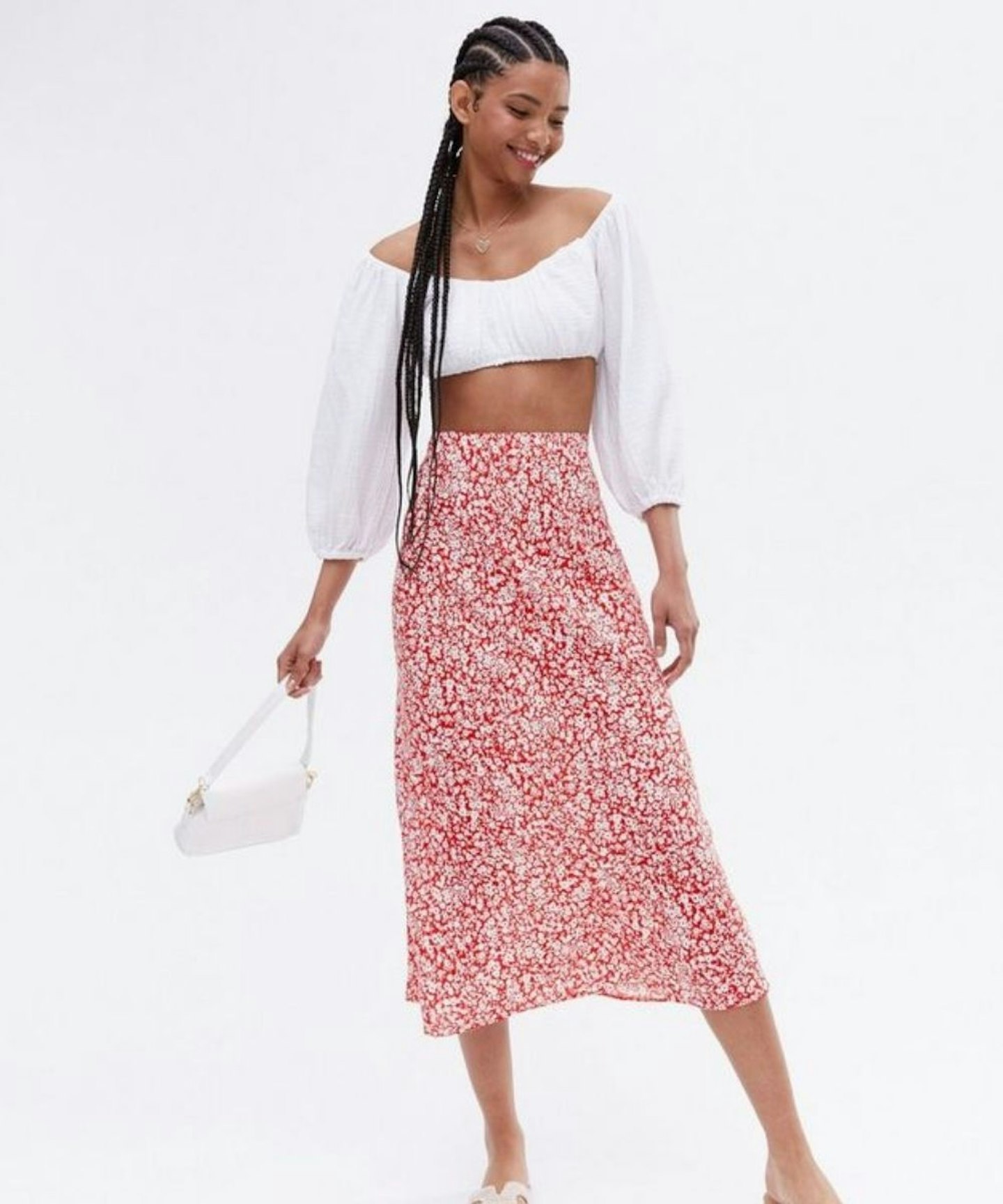 Red Ditsy Floral Bias Midi Skirt