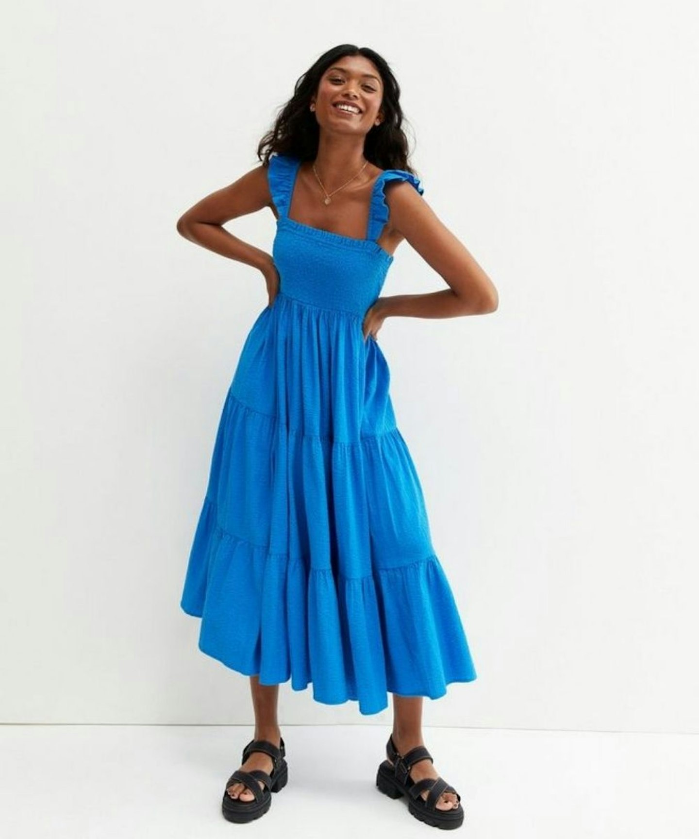 Blue Shirred Square Neck Tiered Frill Midi Dress