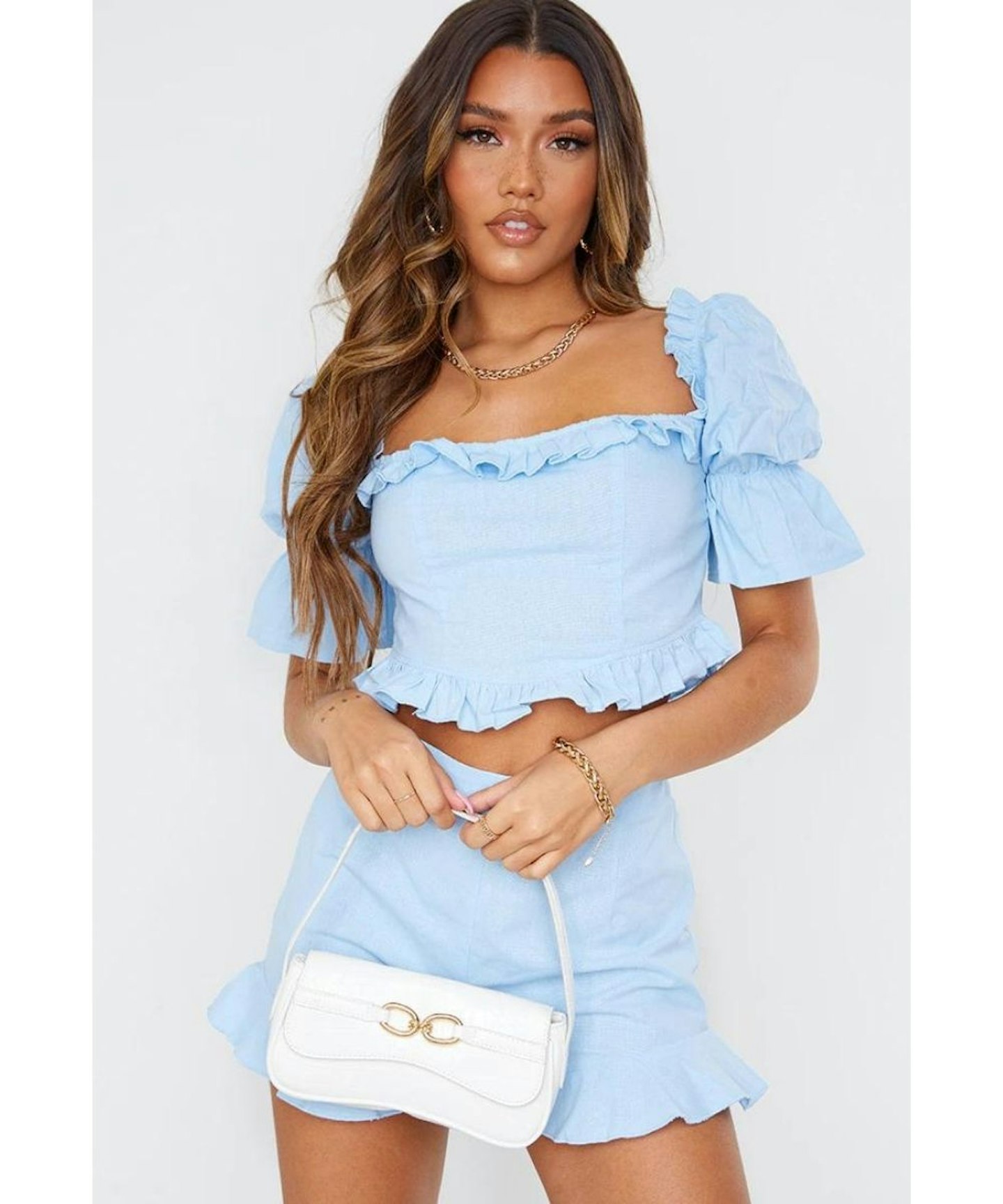 Light Blue Linen Look Frill Hem Shorts